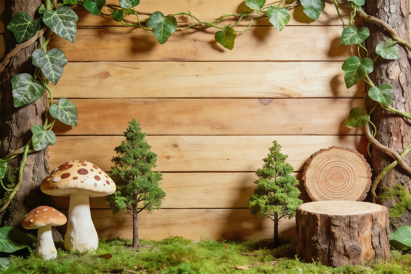 Waldhintergrund Rustikales Holz Efeu-Display Wald-Fotokabinenhintergrund CSH61-205