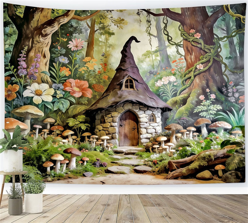 Märchenwald-Hintergrund Märchenbuch Pilzhäuschen Zufluchtsort Hintergrund Waldthema CSH61-210