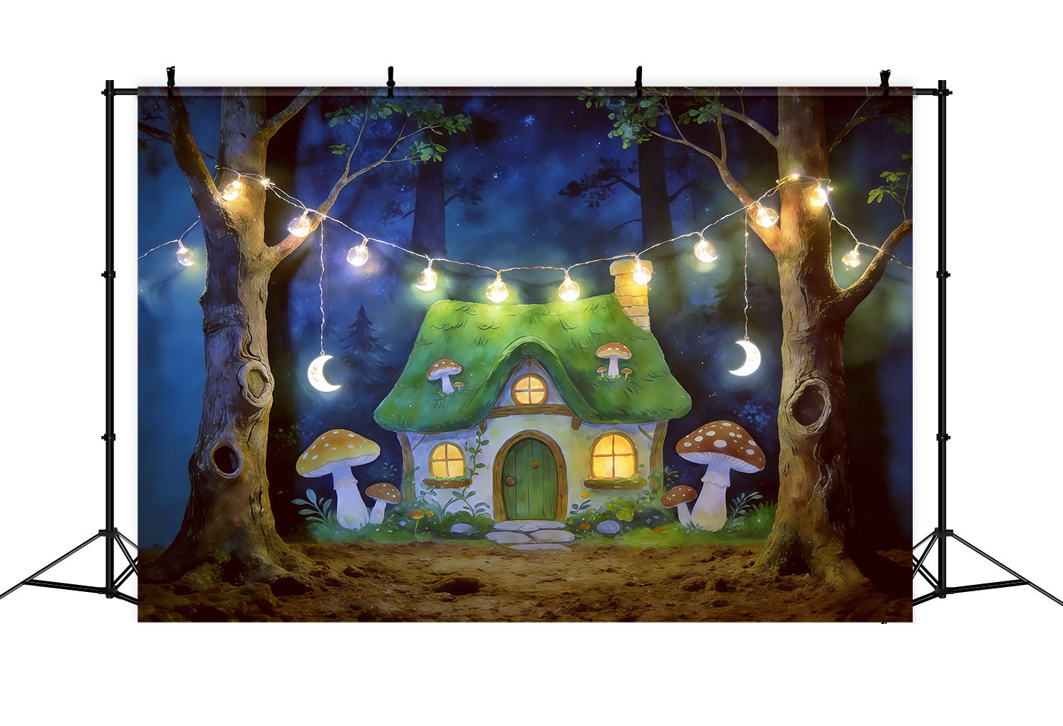 Cartoon-Wald-Hintergrund Mondbeschienene Pilzhäuschen-Lichter Wald-Hintergrundideen CSH61-213