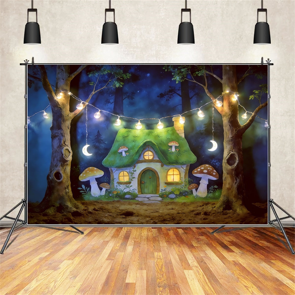 Cartoon-Wald-Hintergrund Mondbeschienene Pilzhäuschen-Lichter Wald-Hintergrundideen CSH61-213