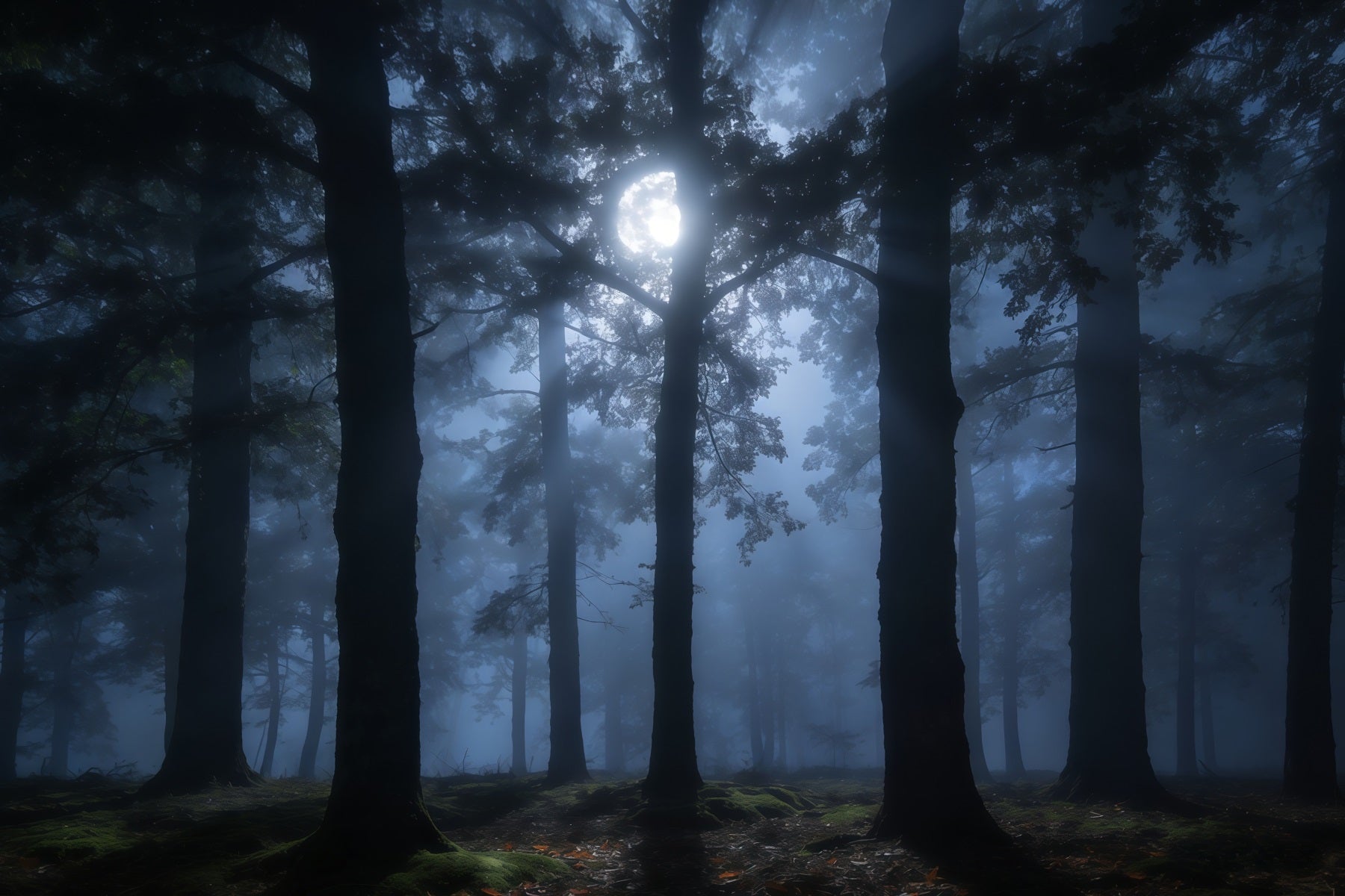 Gruseliger Waldhintergrund Nebeliger Mond Schattenreiche Kiefernwald-Kulisse CSH61-215