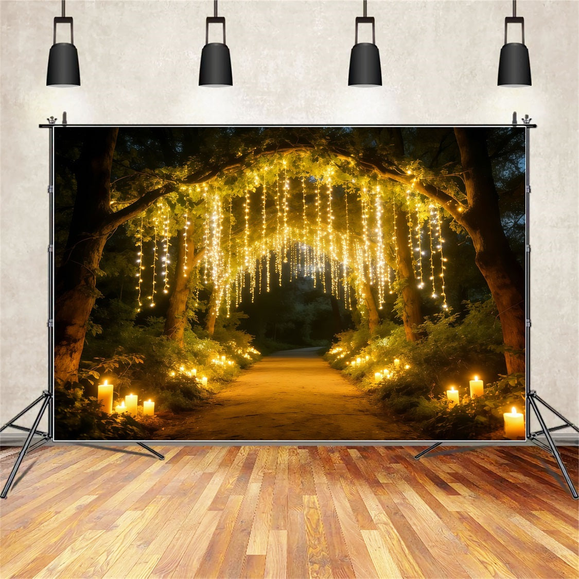 Nachtwald-Kulisse Goldener Lichtvorhang Waldweg Dämmerungswald-Kulisse CSH61-217