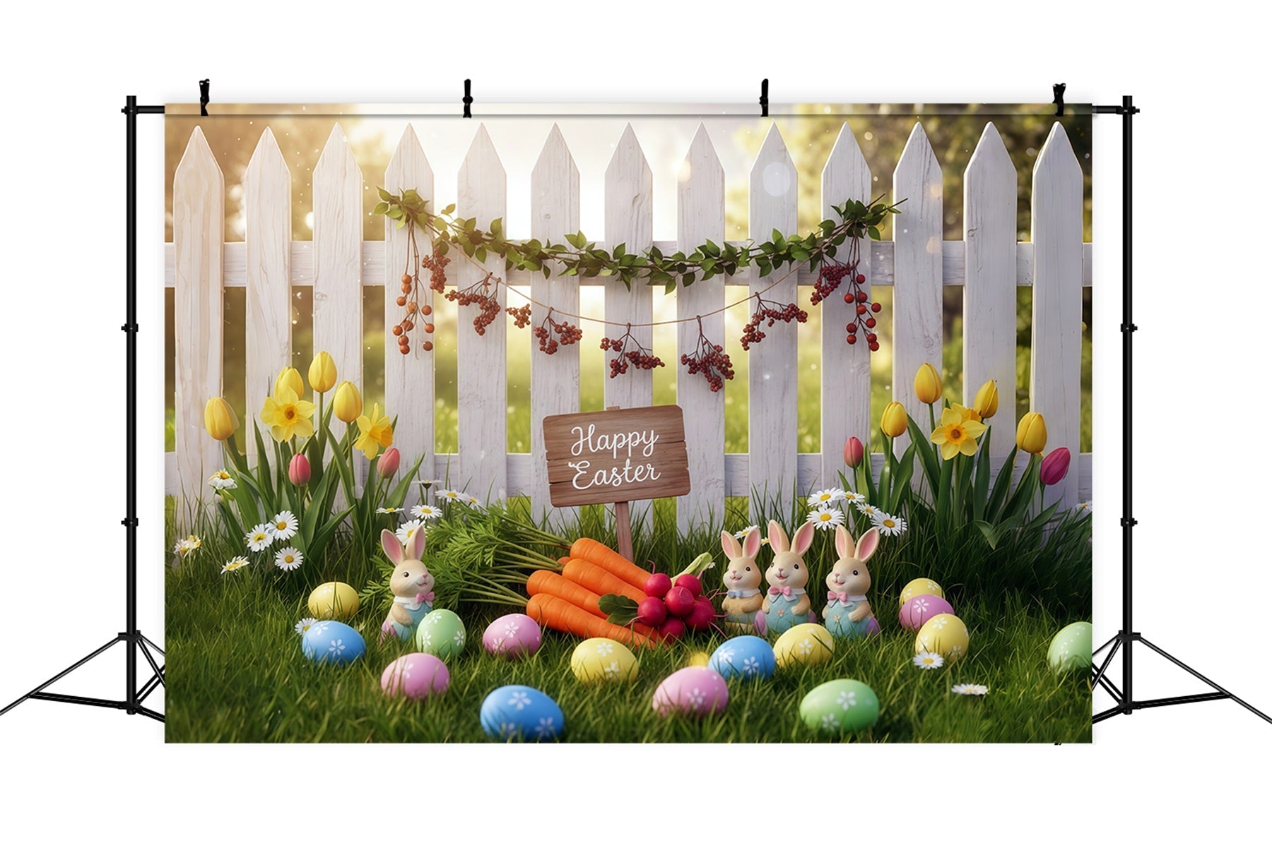 Osterhase-Fotohintergrund Frühlingsgarten Zaun Karotten Ideen für Oster-Fotohintergründe CSH61-35