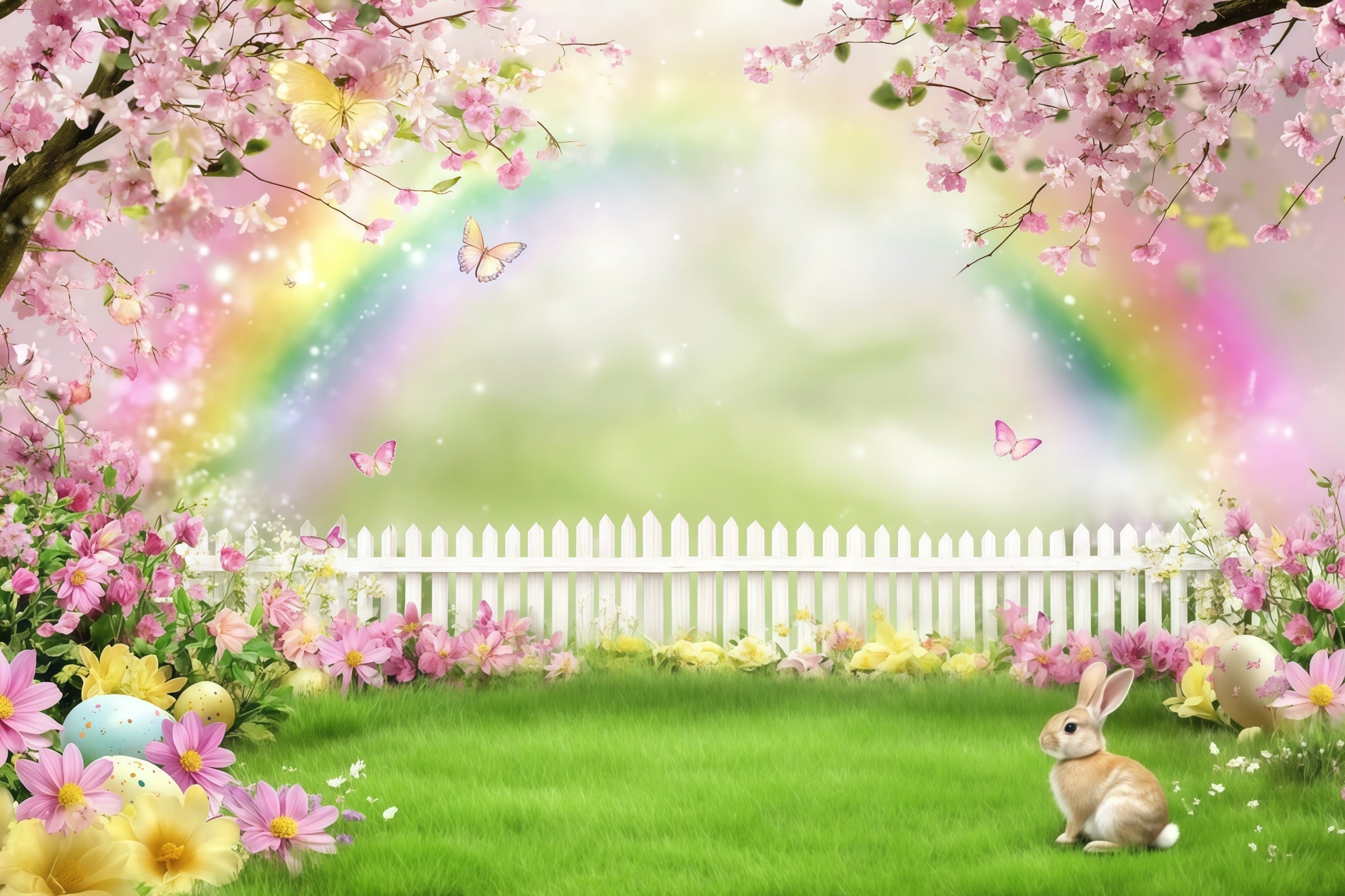 Osterhase-Fotohintergrund Regenbogenblüten Wiesenblumen Oster-Fotohintergrund CSH61-36