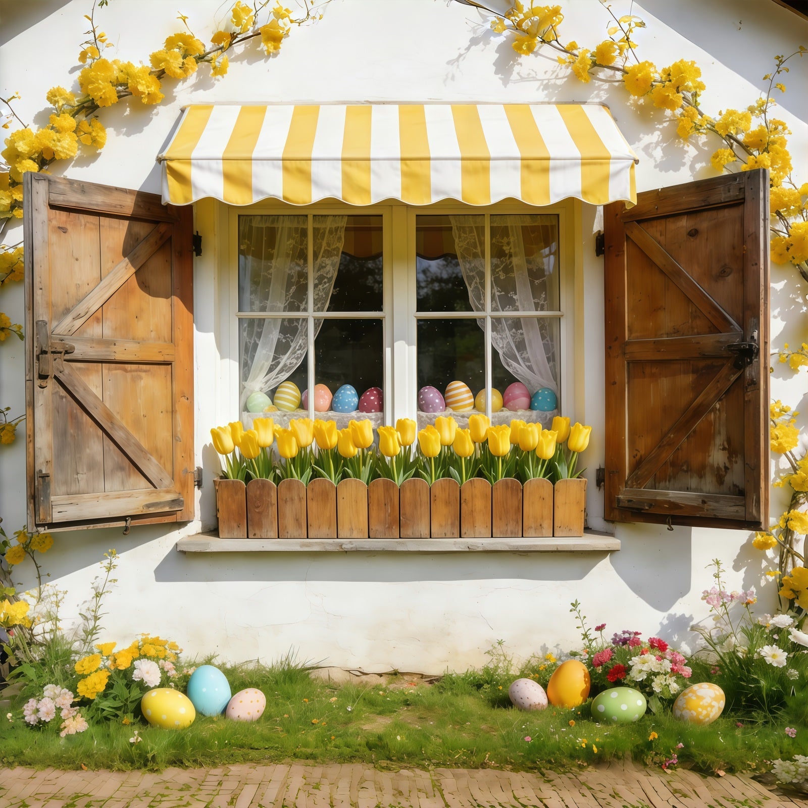 Tulpenhintergrund Gelbe Markise Cottage-Fenster Osterbildhintergründe CSH61-41