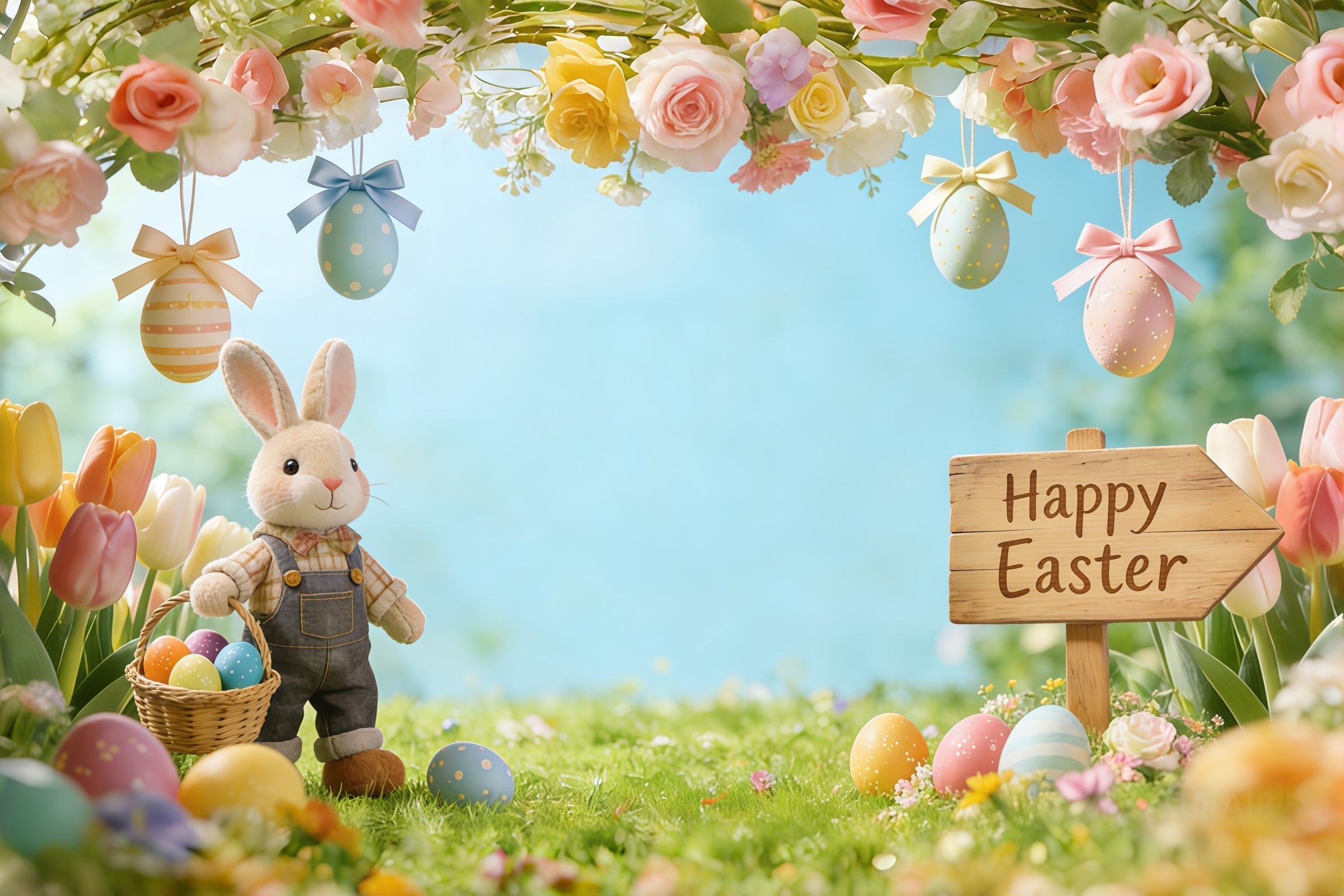 Osterhase-Hintergrund für Fotos Blühende Zweige Wiese Eier Oster-Fotohintergrund CSH61-53