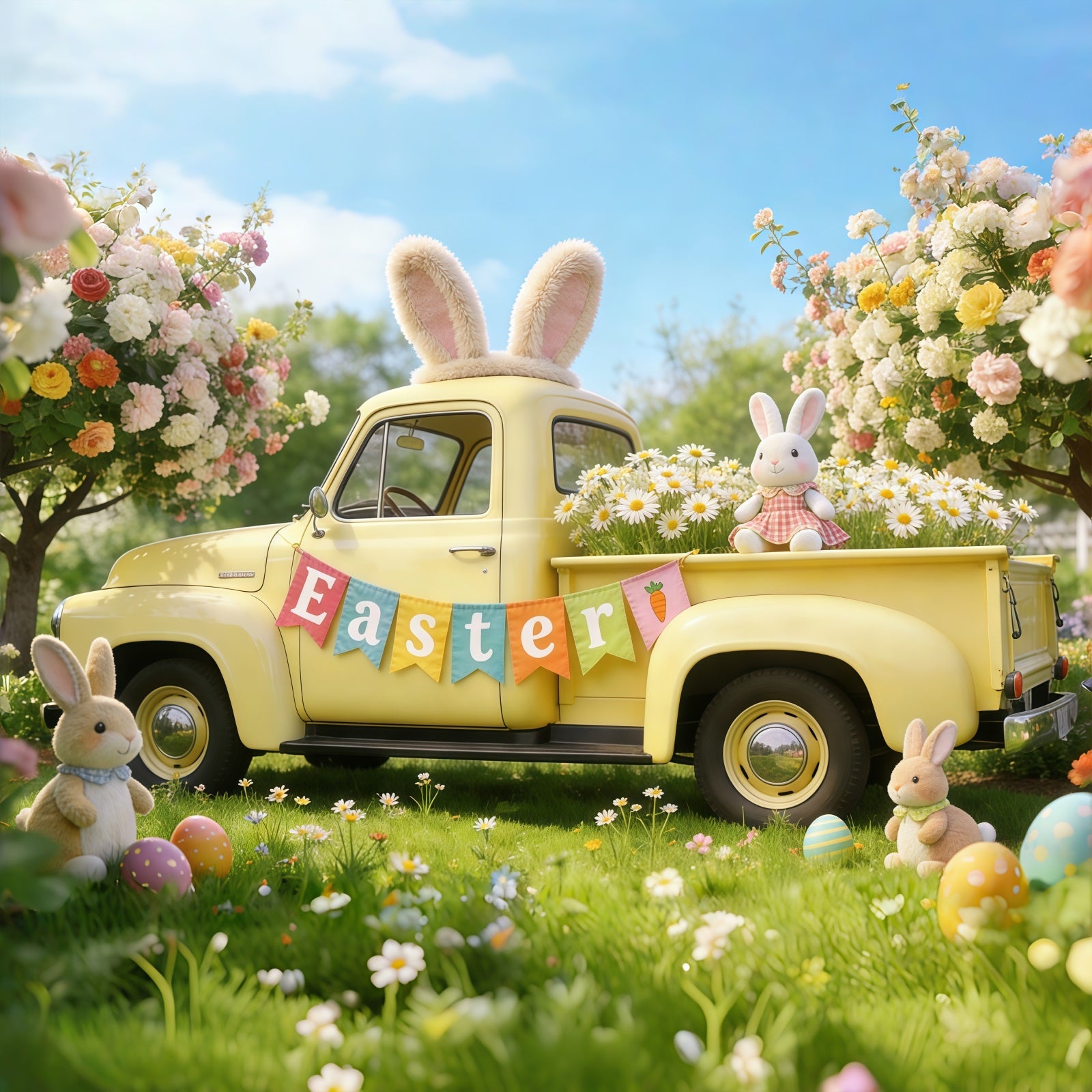 Osterhase-Hintergrund für Fotos Frühlingsblüten Pickup-Truck Oster-Hintergründe für Fotografie CSH61-54