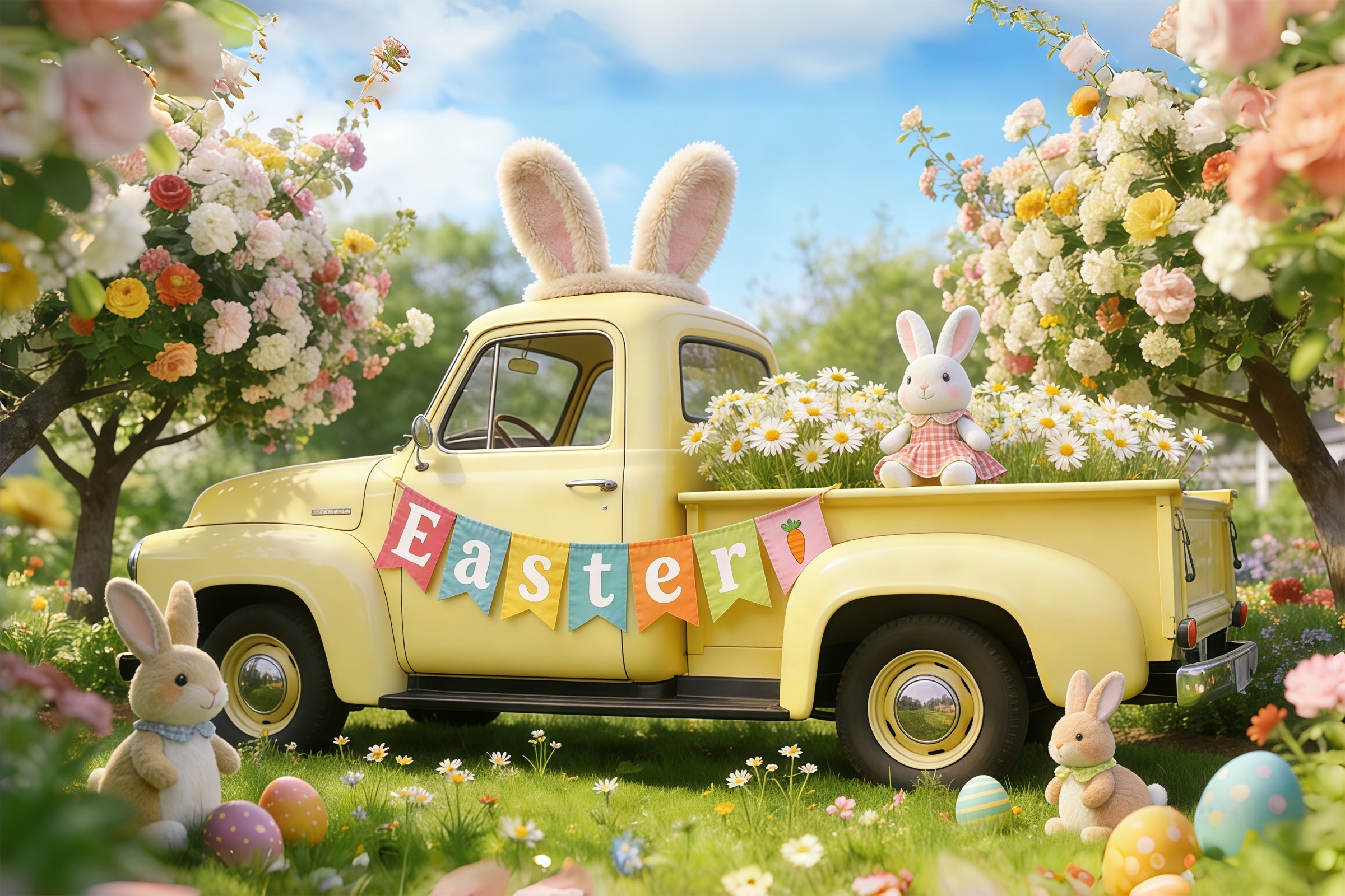 Osterhase-Hintergrund für Fotos Frühlingsblüten Pickup-Truck Oster-Hintergründe für Fotografie CSH61-54