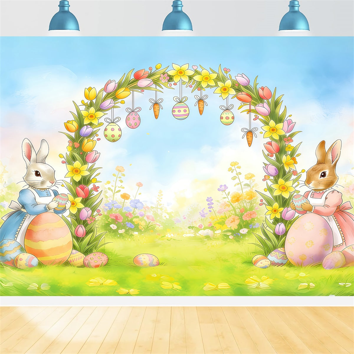 Osterbogen-Hintergrund Frühlingswiese Eier-Ballons Oster-Fotohintergründe CSH61-56