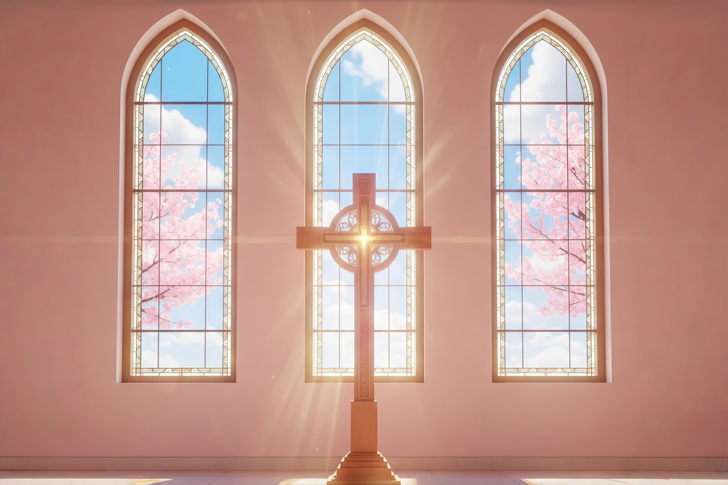 Oster-Fotohintergrund für Kirchen Sonnendurchflutete Kirchenfenster Kreuz Frohe Ostern-Hintergrund CSH61-6
