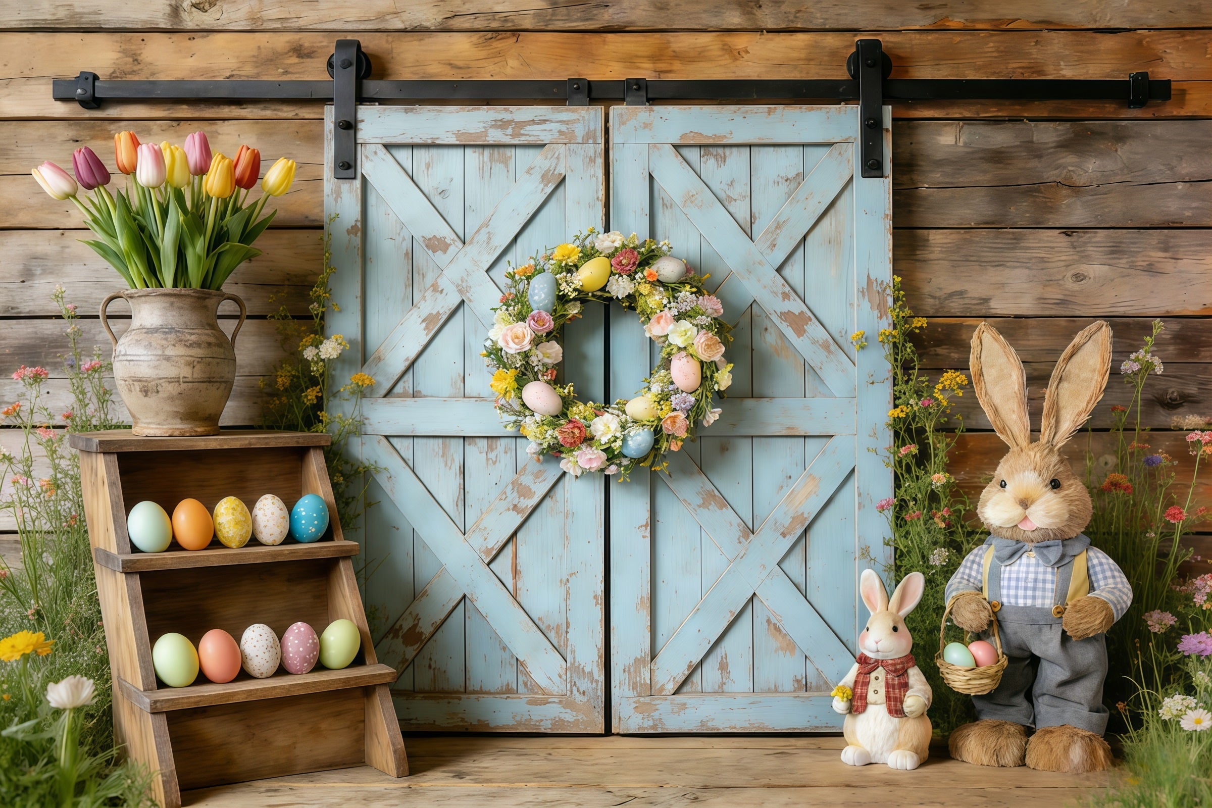 Oster-Frühlings-Blumenkranz-Hintergrund Rustikaler blauer Scheunentor-Kranz Oster-Bildhintergrund-Ideen CSH61-61