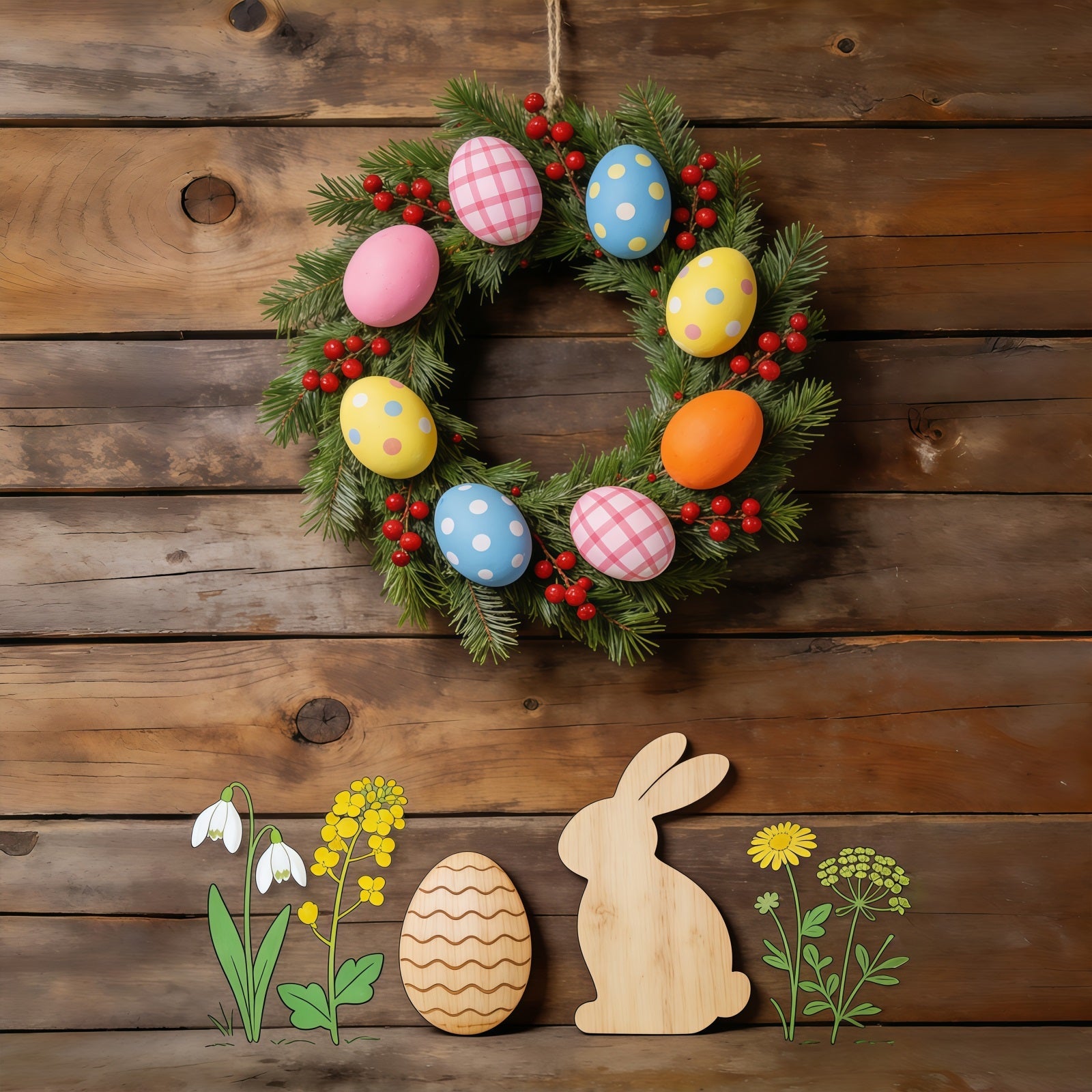 Oster-Frühlings-Blumenkranz-Hintergrund Holzhasen-Blumenausschnitte Oster-Bildhintergrund-Ideen CSH61-62