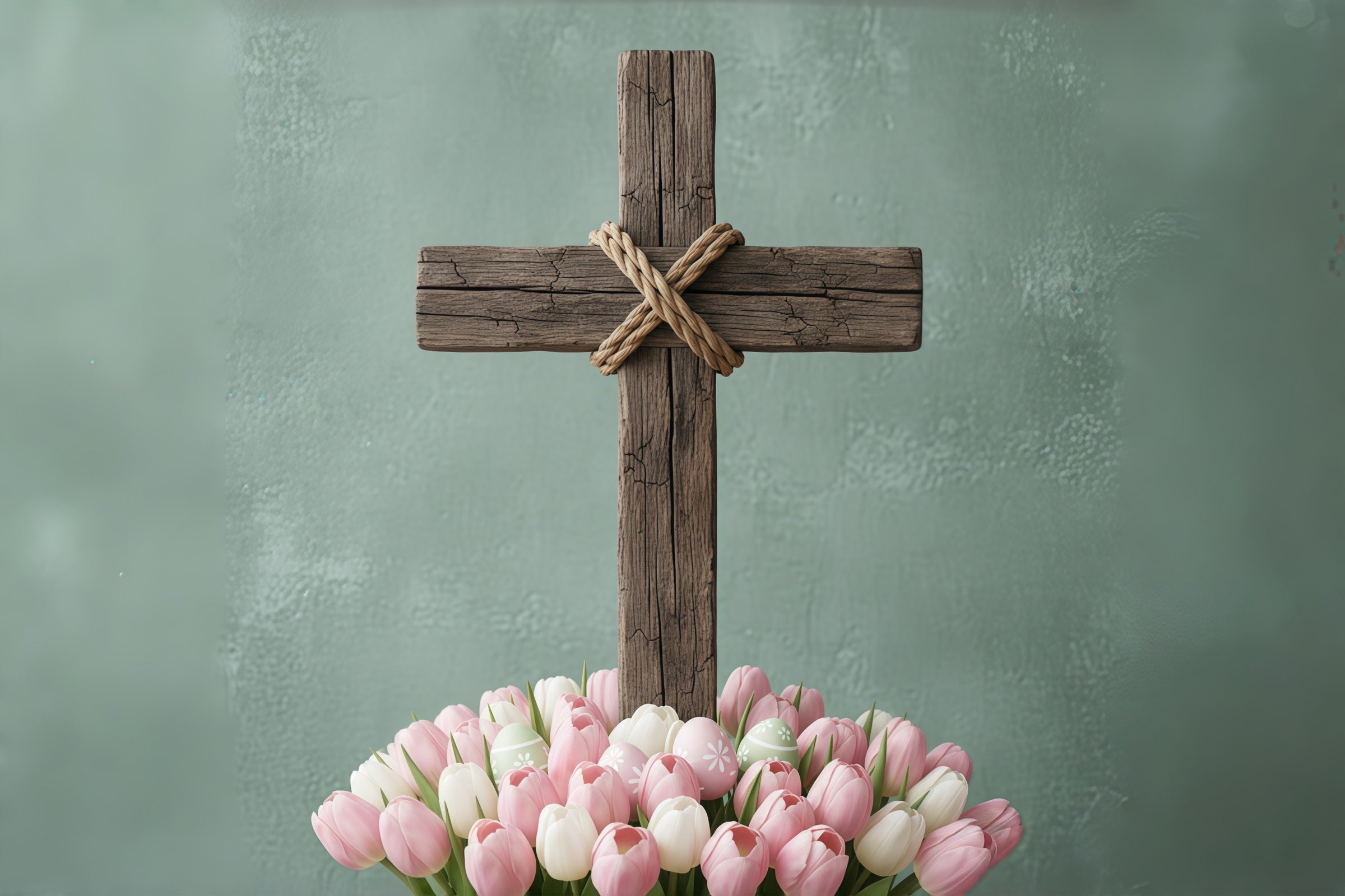 Oster-Fotohintergrund für Kirchen Rustikales Holzkreuz Tulpenblüte Oster-Hintergrundideen CSH61-7