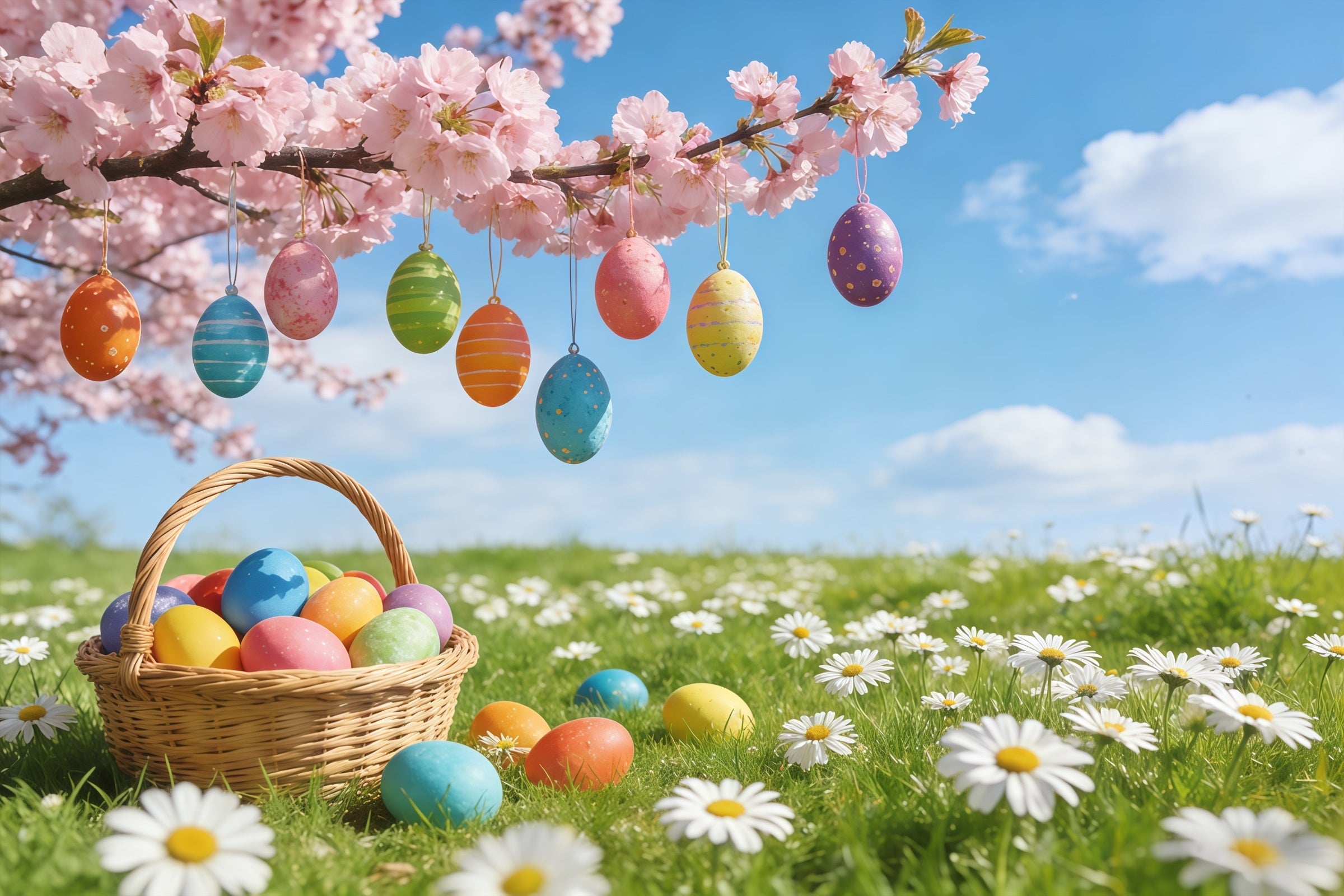 Oster-Kirschblüten-Hintergrund Hängende Eier Wiesenblüten-Hintergründe für Osterbilder CSH61-70