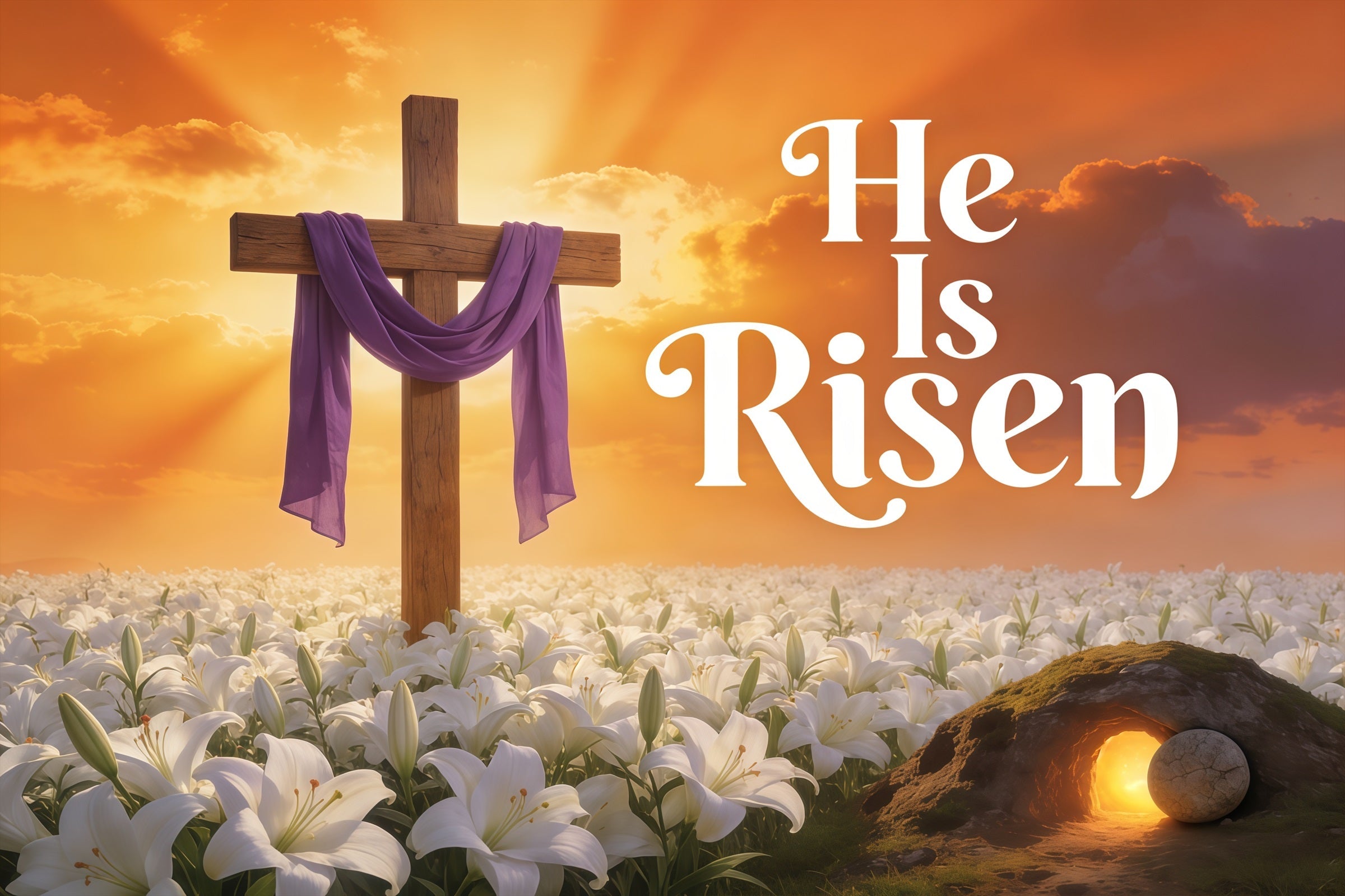 Ostern Er ist auferstanden Hintergrund Kreuz Lilien Sonnenaufgang Fotografie Oster-Hintergrund CSH61-79