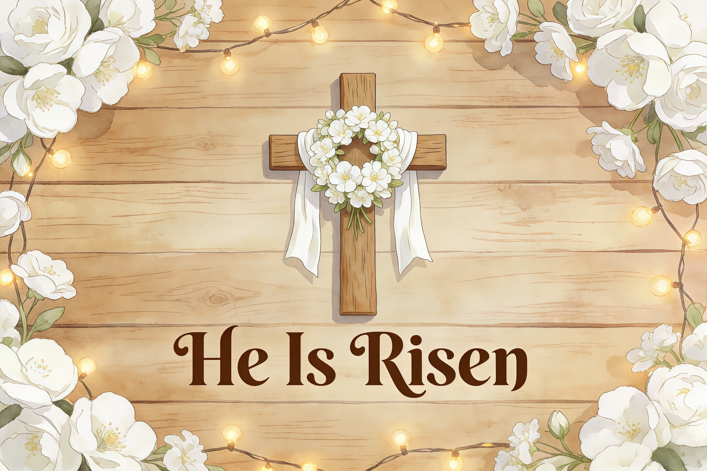 Ostern „Er ist auferstanden“ Hintergrund Kreuz Kranz weiße Blumen Fotografie Ostern Hintergrund CSH61-80