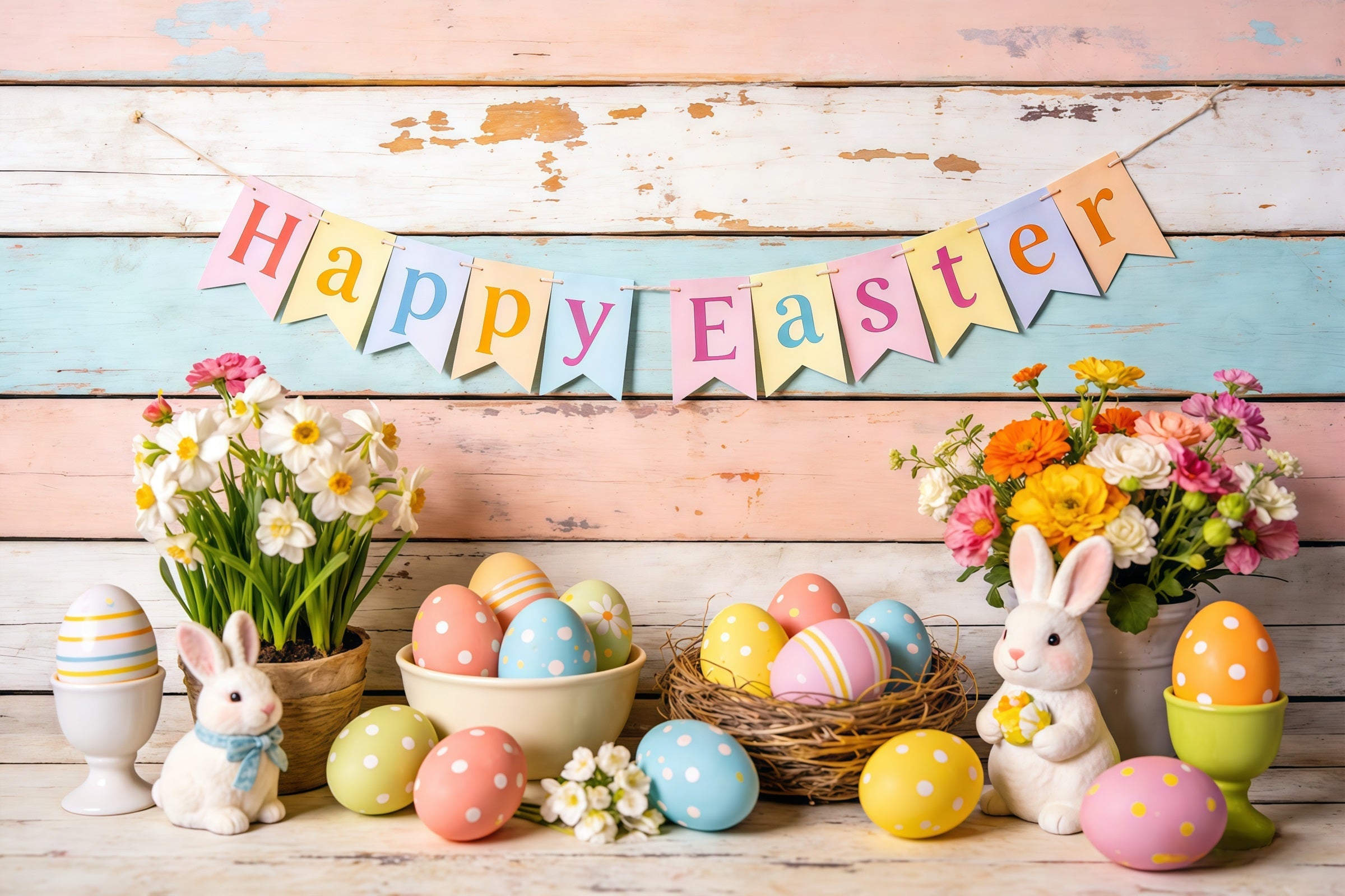 Frohe Ostern Hintergrund Hasen Eier Blumen Banner Ostern-Themenhintergrund CSH61-81