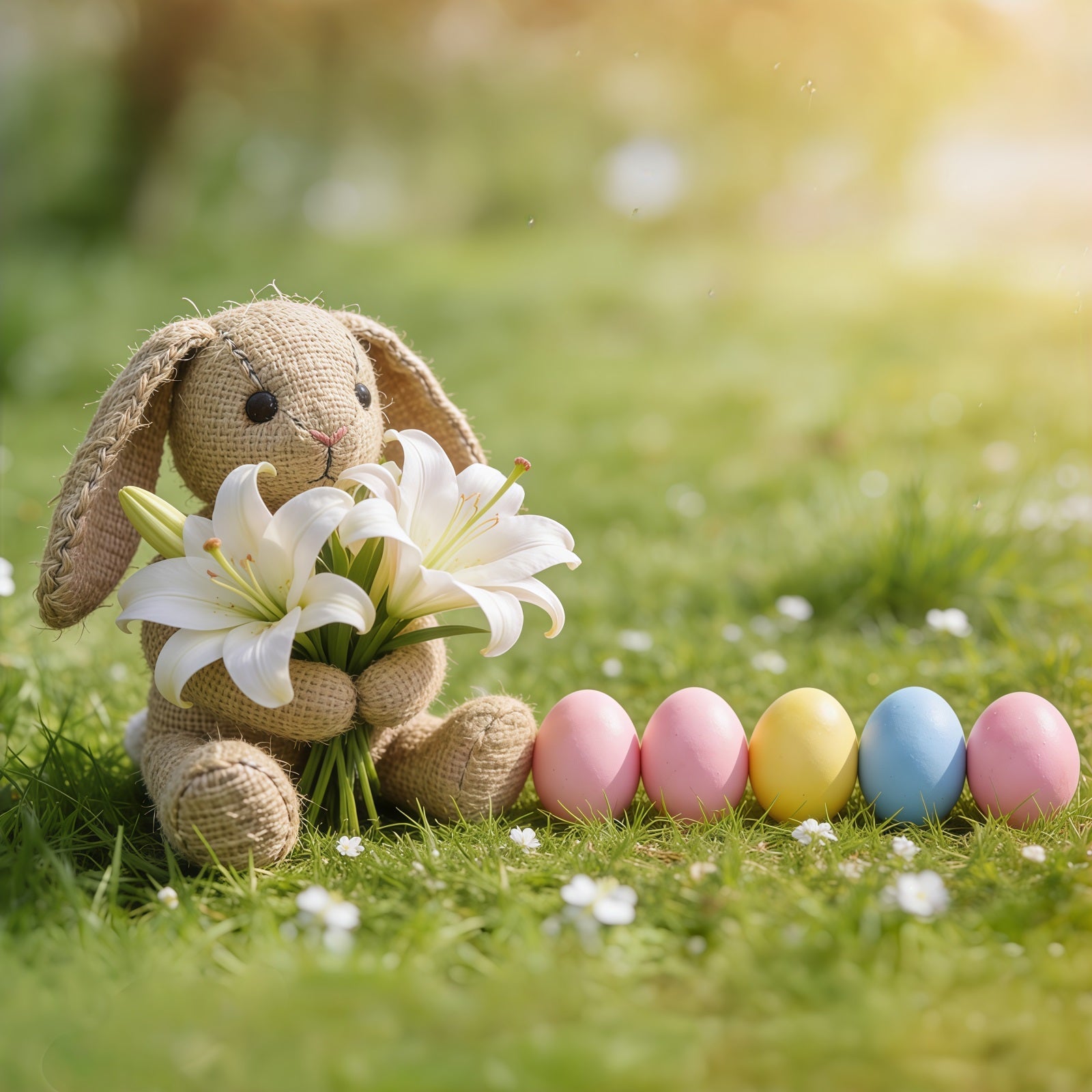 Ostergras-Hintergrund Hase Lilien Pastellfarbene Eier Gras Frohe Ostern Foto-Hintergrund CSH61-83
