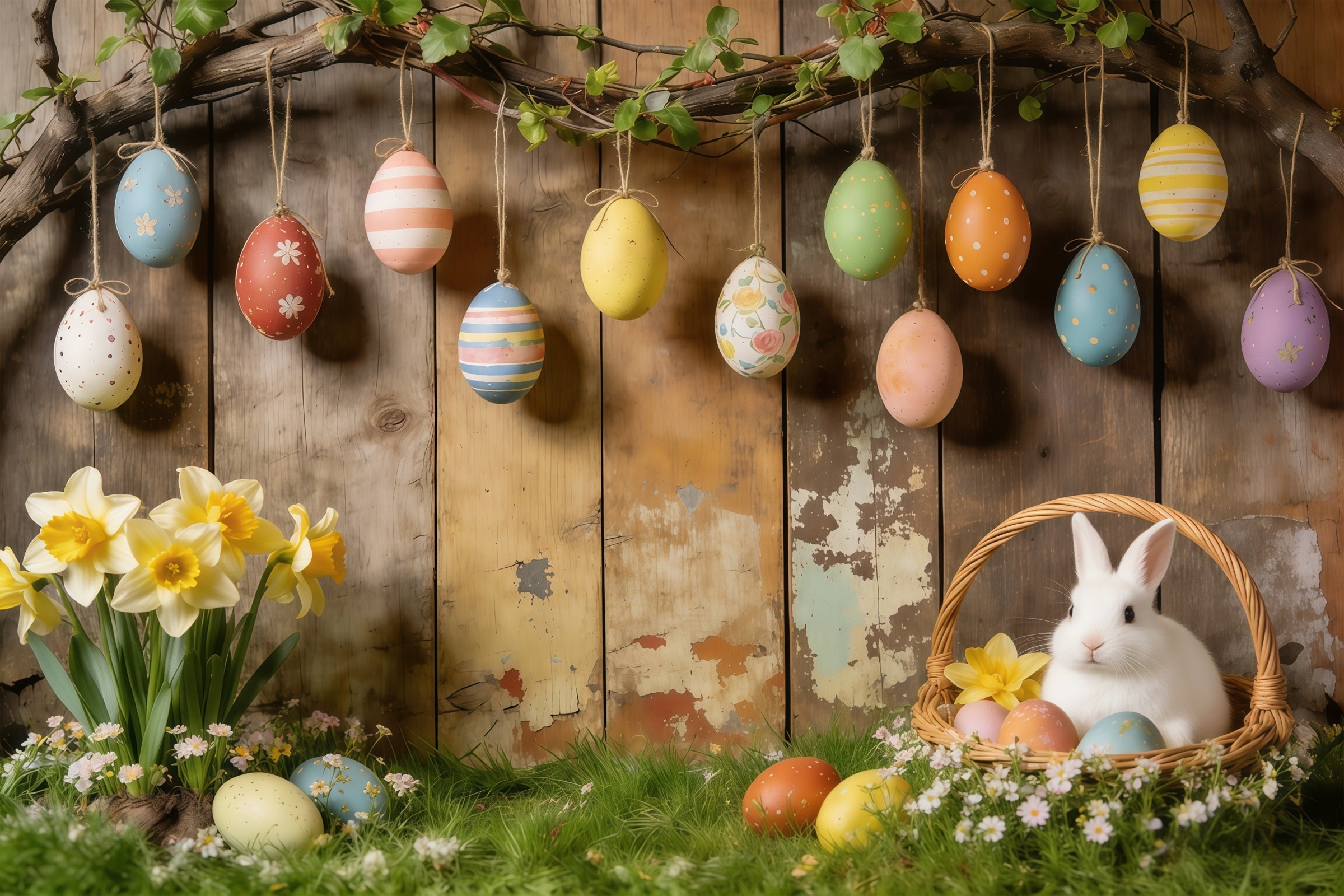 Oster-Hintergrund im rustikalen Stil Hängende Eier Hasenkorb Narzissen Fotohintergründe für Ostern CSH61-87