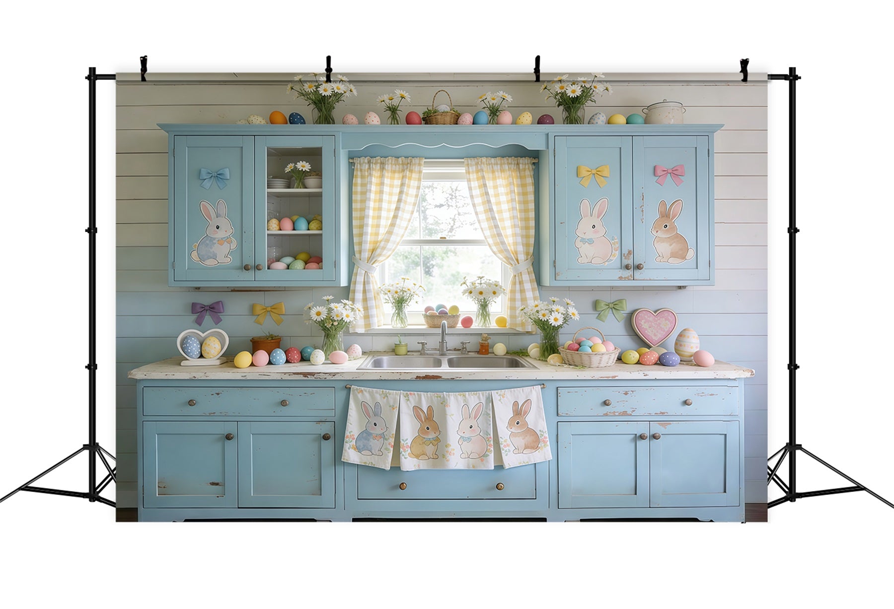 Oster-Hintergrund Blaues Schrank Häschen Eier Gänseblümchen Fotografie-Hintergründe Ostern CSH61-90
