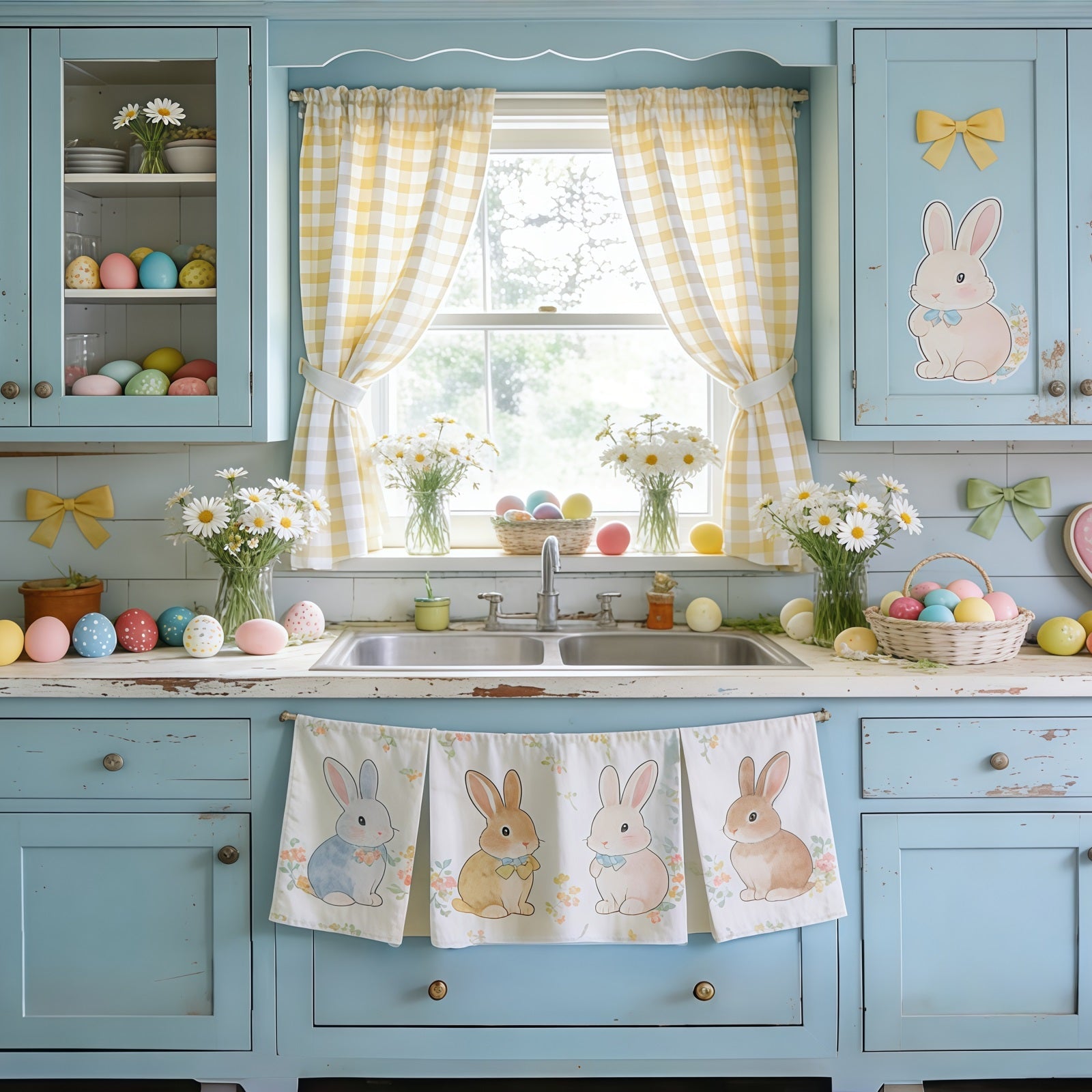 Oster-Hintergrund Blaues Schrank Häschen Eier Gänseblümchen Fotografie-Hintergründe Ostern CSH61-90