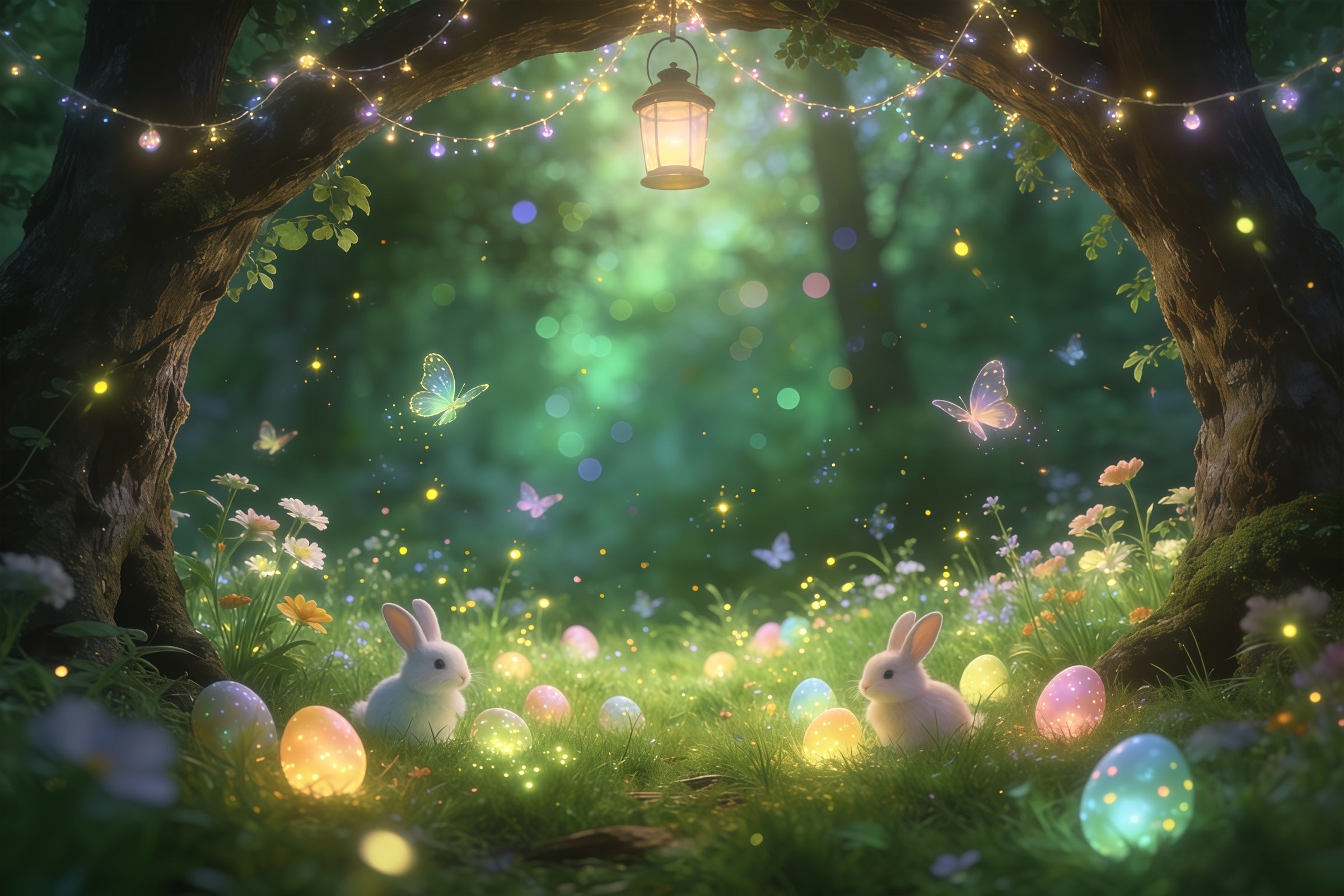 Oster-Märchen-Hintergrund Verzauberter Wald Hase Leuchtende Eier Osterparty-Hintergrund CSH61-91