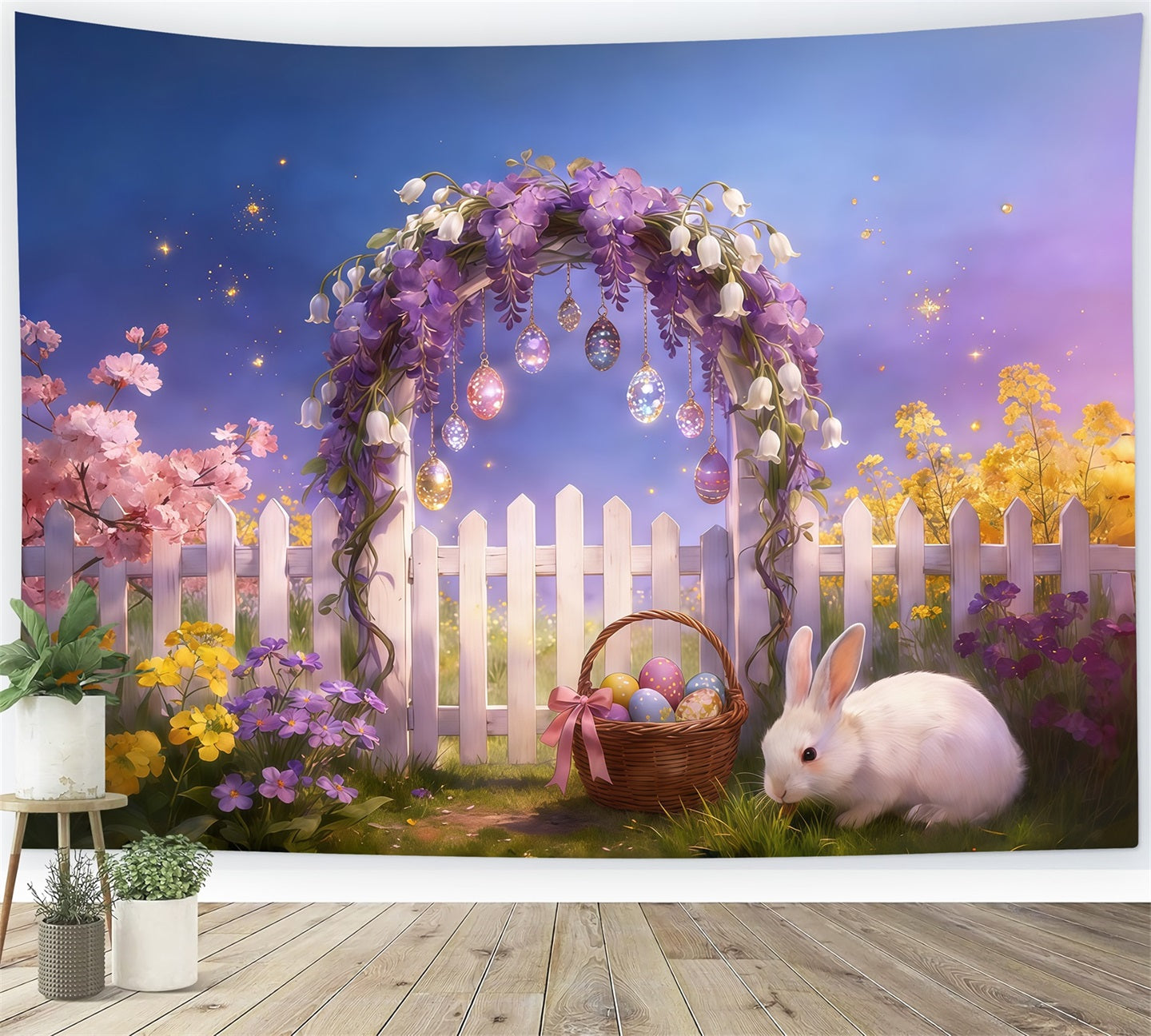 Oster-Märchen-Hintergrund Blumenbogen Zaun Eier Hängender Hase Osterparty-Hintergrund CSH61-92