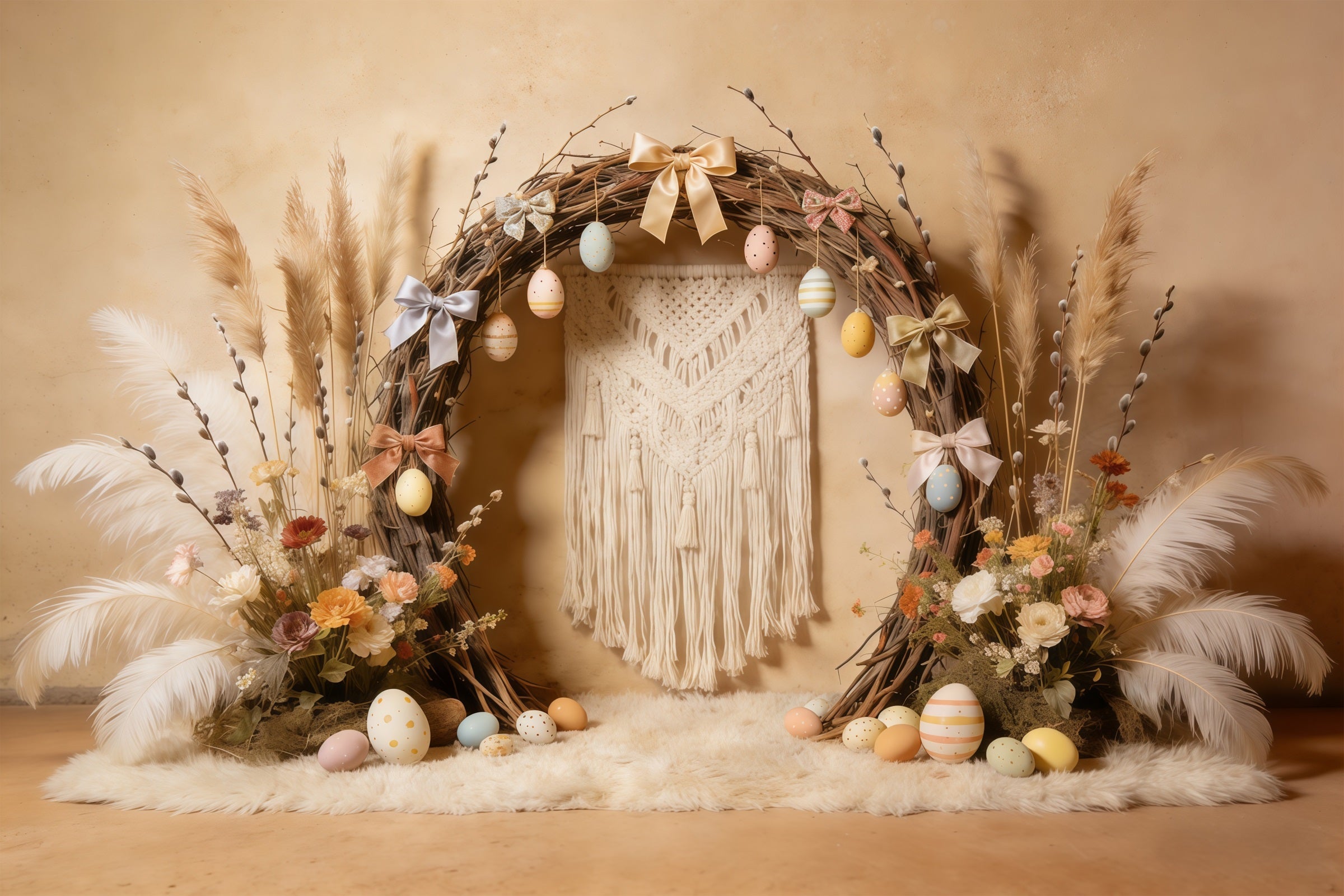 Oster-Boho-Hintergrund Rustikaler Bogen Pastellfarbene Eier Schleifen 10x10 Osterhintergründe CSH61-95