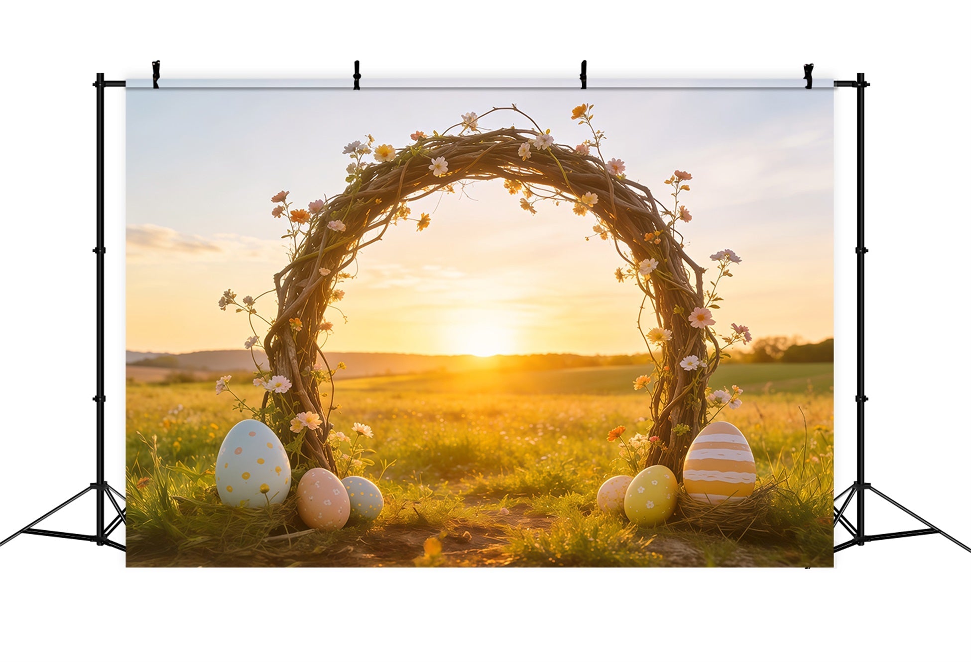 Oster-Sonnenaufgang-Feld-Hintergrund Wildblumen Zweigbogen Eier Einfacher Oster-Hintergrund CSH62-104