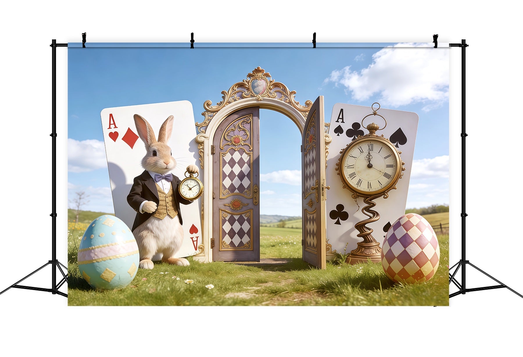 Oster-Blauer-Himmel-Hintergrund Wunderland-Hase Uhr Tür Fotografie-Hintergründe Ostern CSH62-105