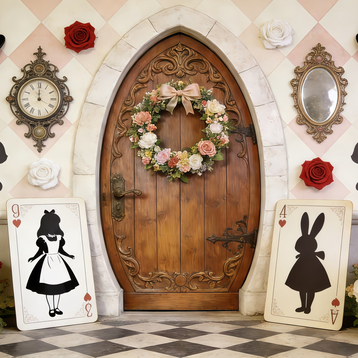 Oster-Kranz-Tür-Hintergrund Wunderland-Tür-Karte Silhouetten Osterparty-Hintergrund CSH62-106