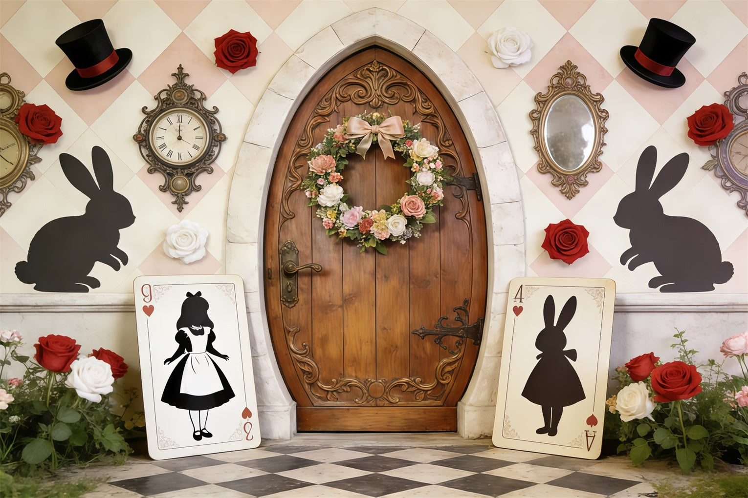 Oster-Kranz-Tür-Hintergrund Wunderland-Tür-Karte Silhouetten Osterparty-Hintergrund CSH62-106