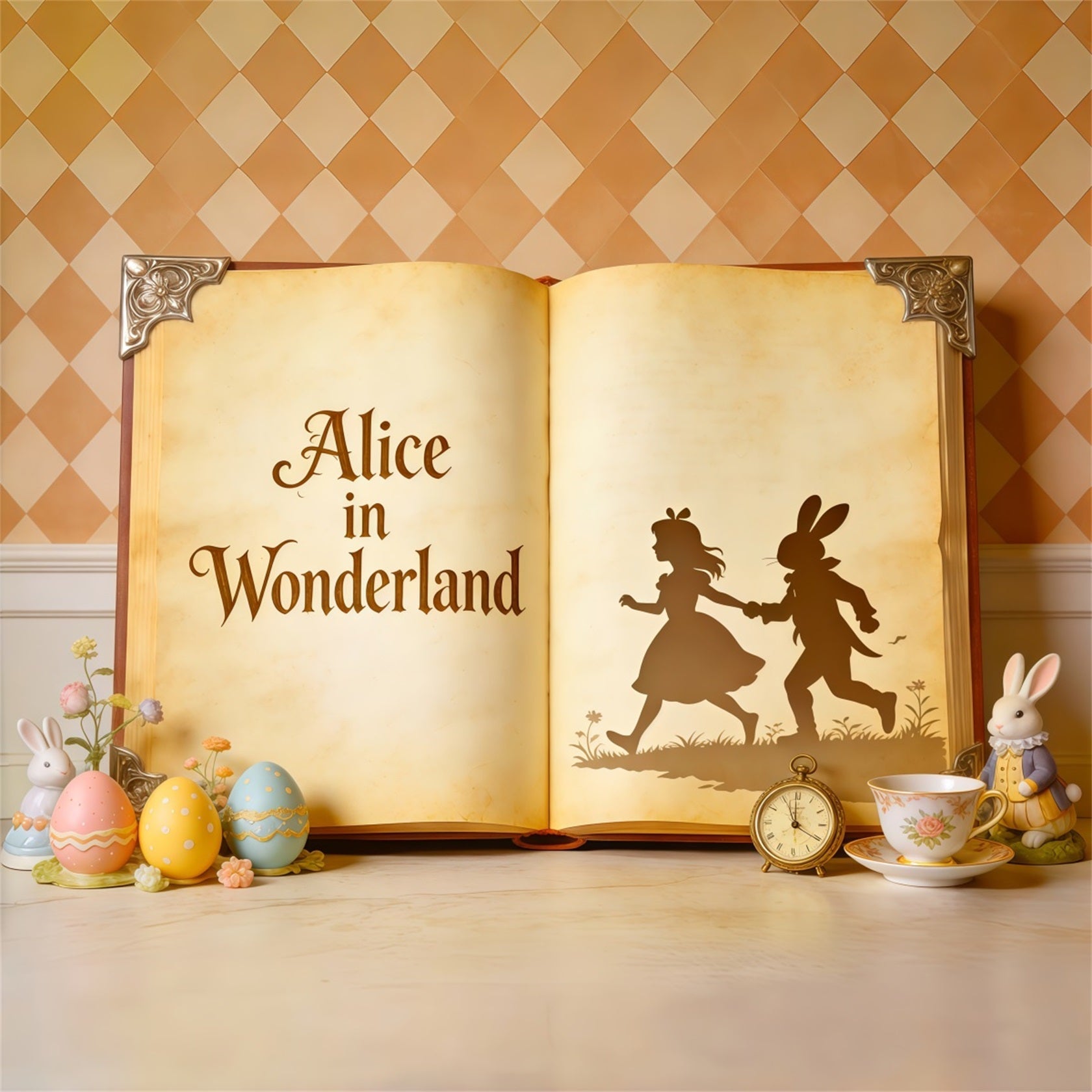 Oster-Bilderbuch Hintergrund Wunderland Buch Eier Hase Osterhintergrund Foto CSH62-109