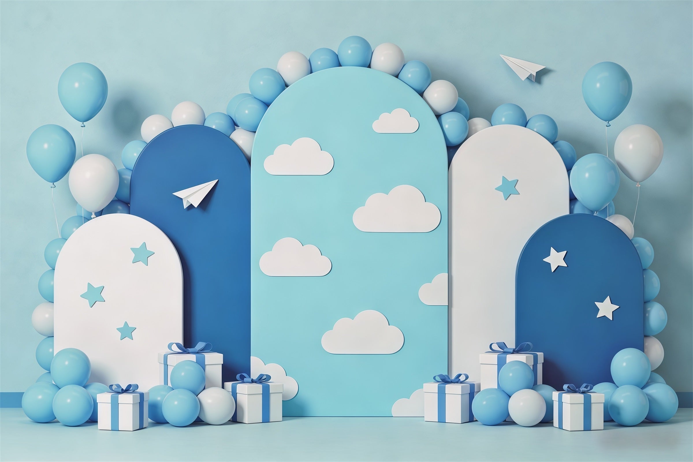 Wolken-Hintergrund Fotoshooting Blauer Ballonbogen Papierflieger Kinder-Hintergrund CSH62-119