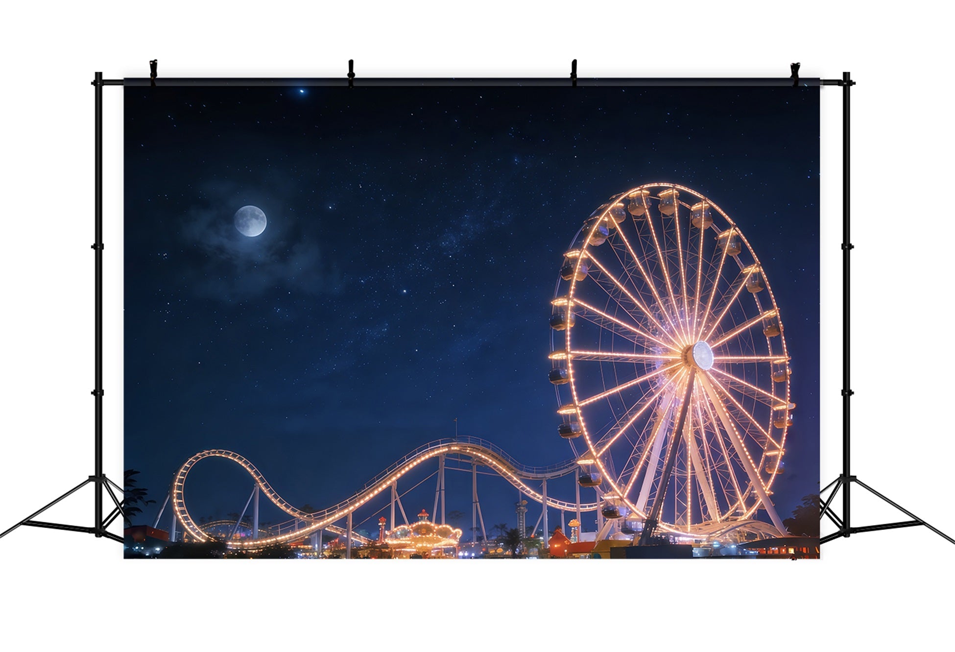 Hintergrund mit Nachthimmel Mondbeschienenes Riesenrad Vergnügungspark Sternenhimmel-Hintergrund CSH62-129