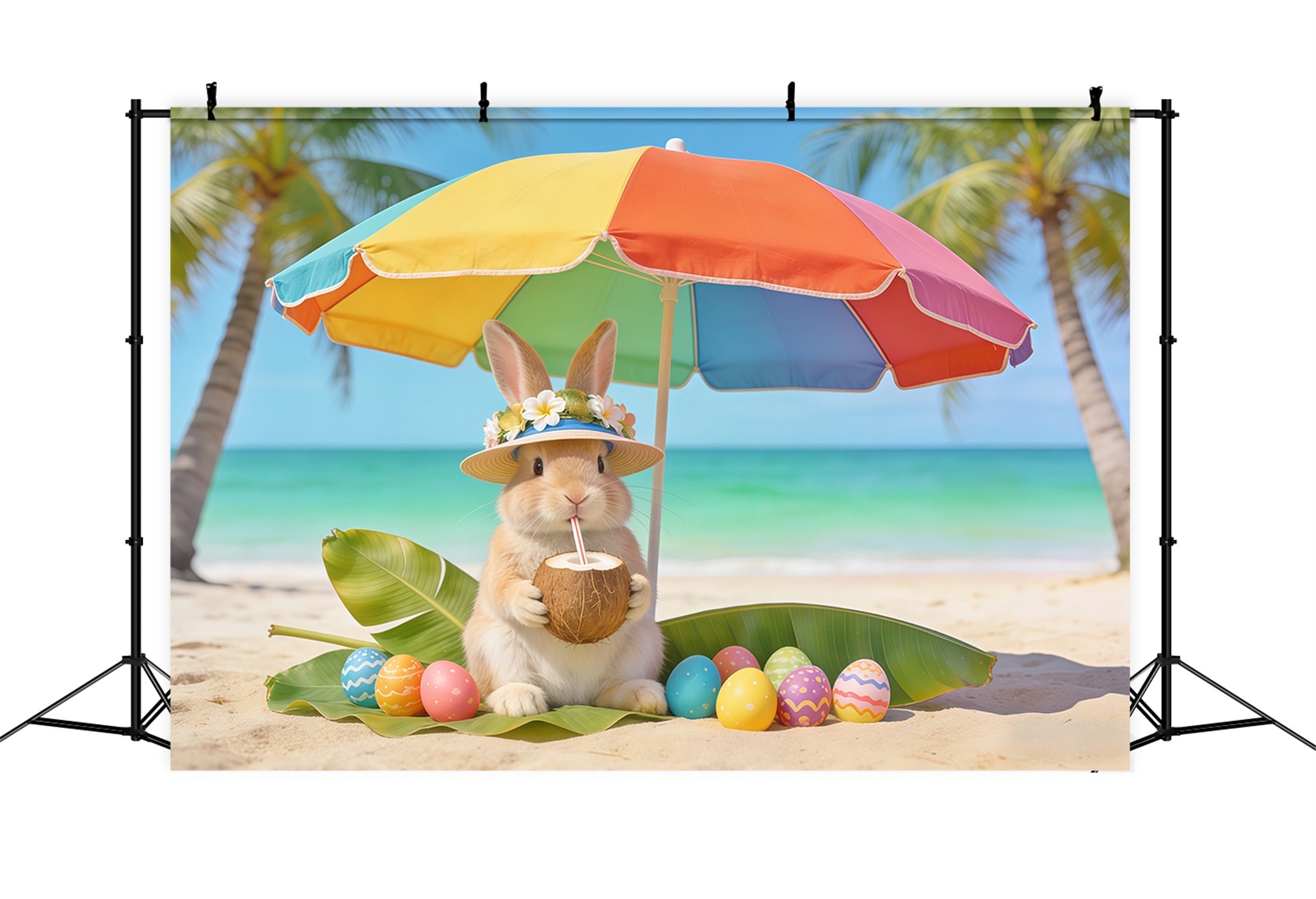 Hintergrund mit Kaninchen Kaninchenstrand Kokosnuss-Eier Ostern-Hintergrundbilder CSH62-61