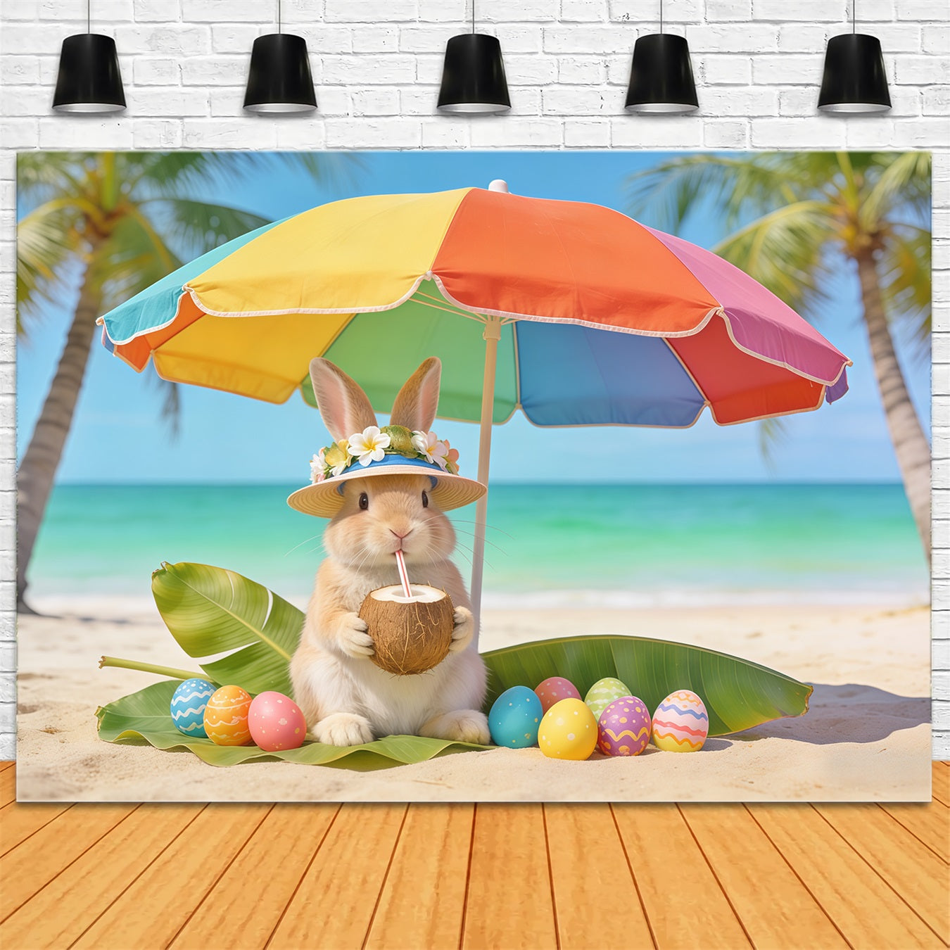 Hintergrund mit Kaninchen Kaninchenstrand Kokosnuss-Eier Ostern-Hintergrundbilder CSH62-61