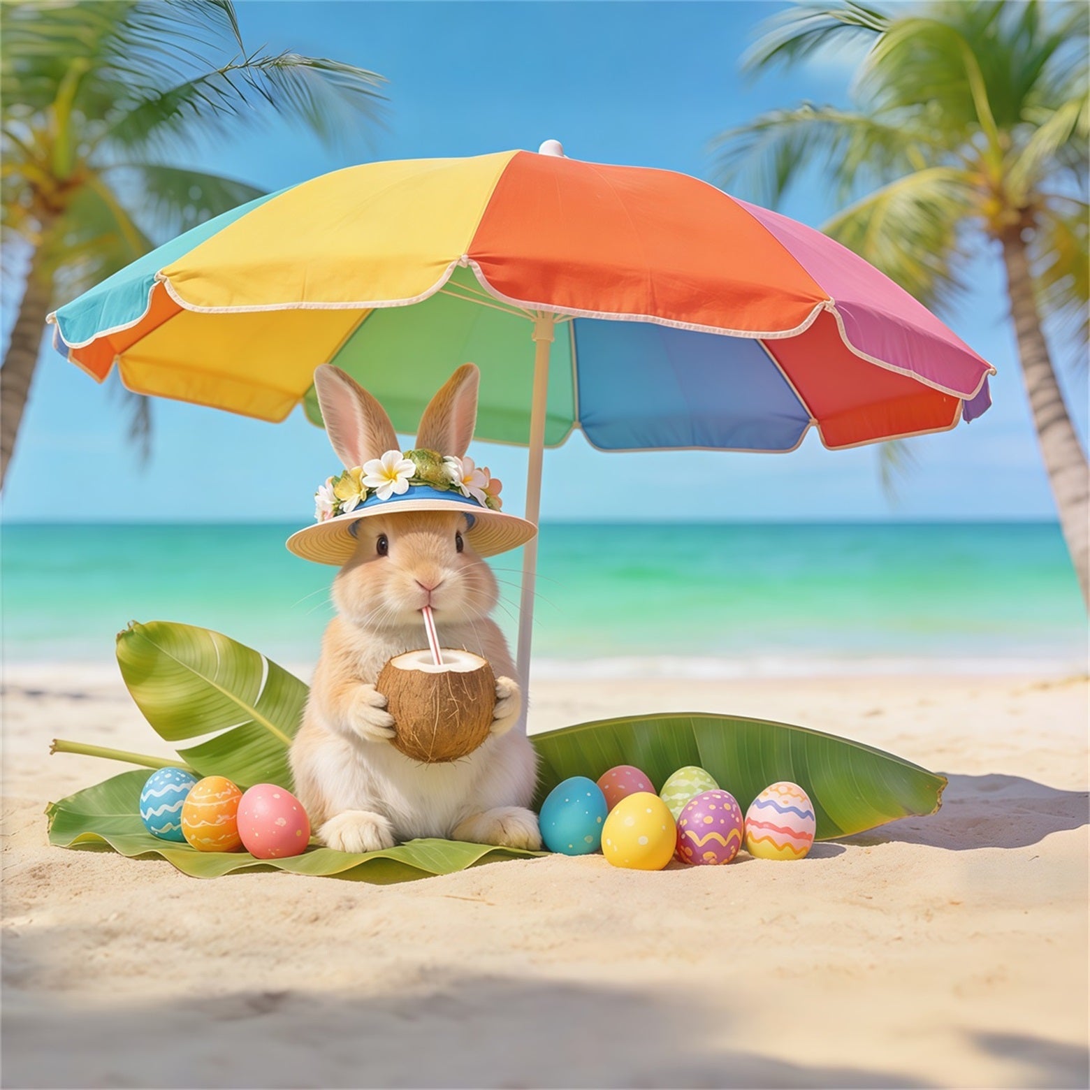 Hintergrund mit Kaninchen Kaninchenstrand Kokosnuss-Eier Ostern-Hintergrundbilder CSH62-61