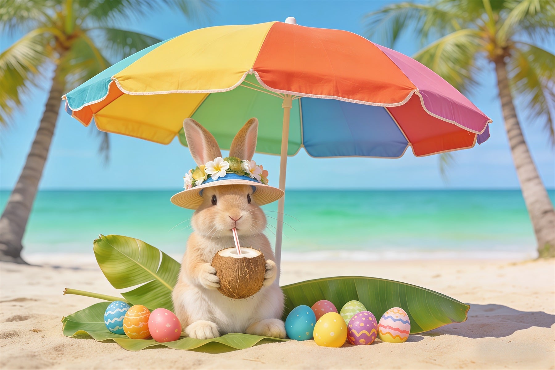 Hintergrund mit Kaninchen Kaninchenstrand Kokosnuss-Eier Ostern-Hintergrundbilder CSH62-61