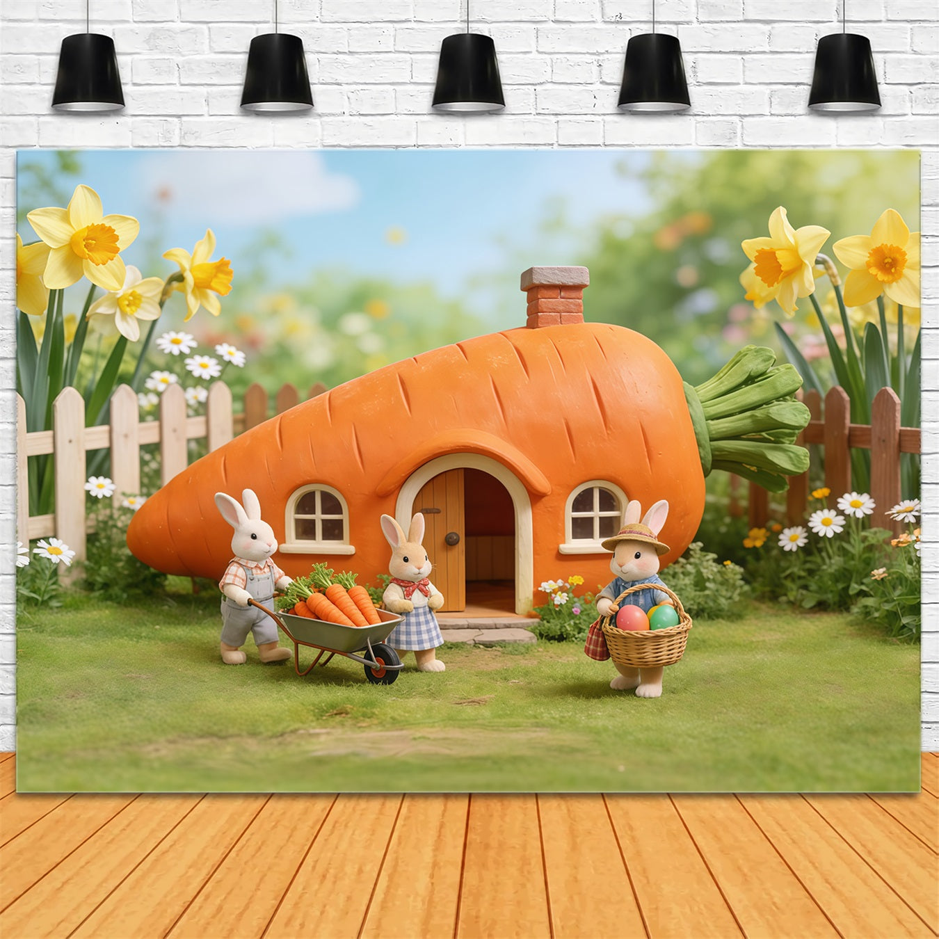 Hintergrund mit Karotten Karottenhaus Kaninchenfamilie Ideen für Ostern-Hintergründe im Freien CSH62-62