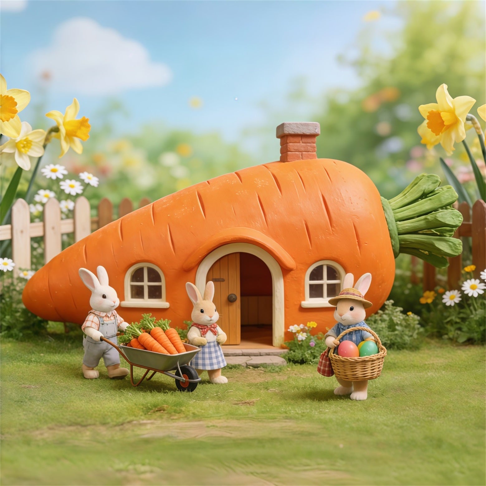 Hintergrund mit Karotten Karottenhaus Kaninchenfamilie Ideen für Ostern-Hintergründe im Freien CSH62-62