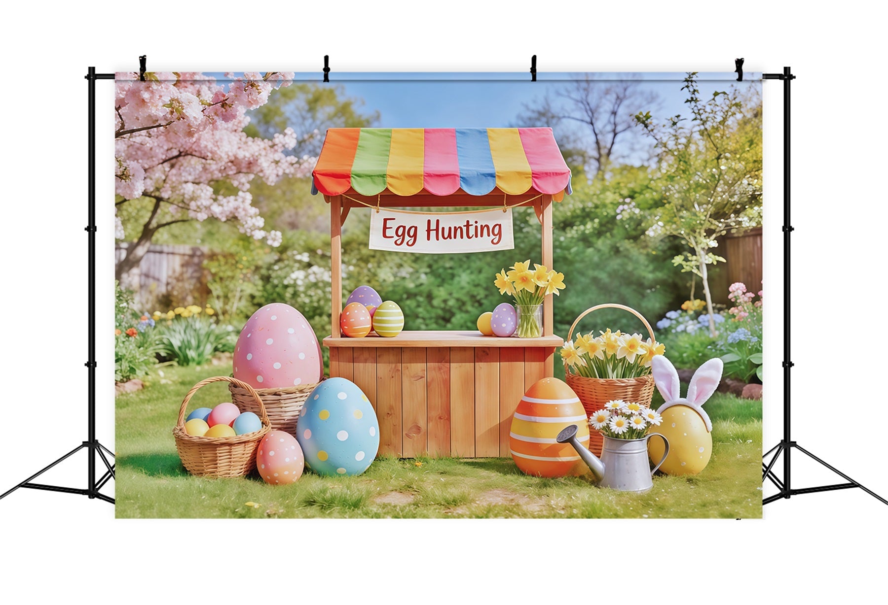 Eiersuche Hintergrund Holzkarren Kirschblüten Hintergrund Ideen für Ostern CSH62-67