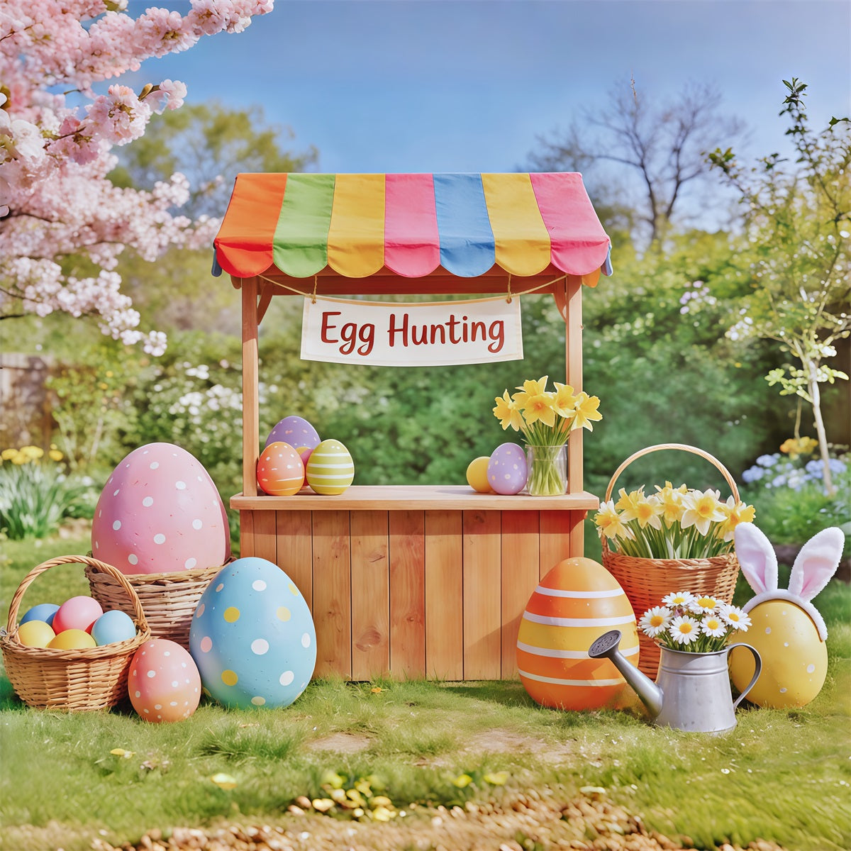 Eiersuche Hintergrund Holzkarren Kirschblüten Hintergrund Ideen für Ostern CSH62-67