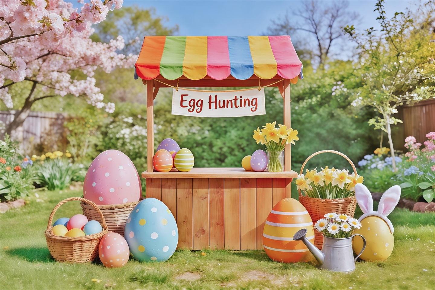 Eiersuche Hintergrund Holzkarren Kirschblüten Hintergrund Ideen für Ostern CSH62-67