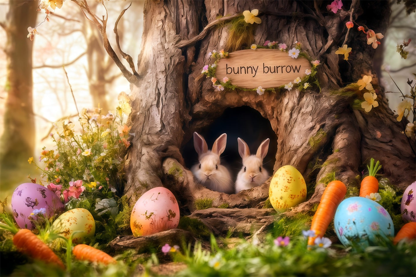 Hasenbau Hintergrund Baumloch Karotten Eier Ostern Fotokabine Hintergrund Ideen CSH62-69