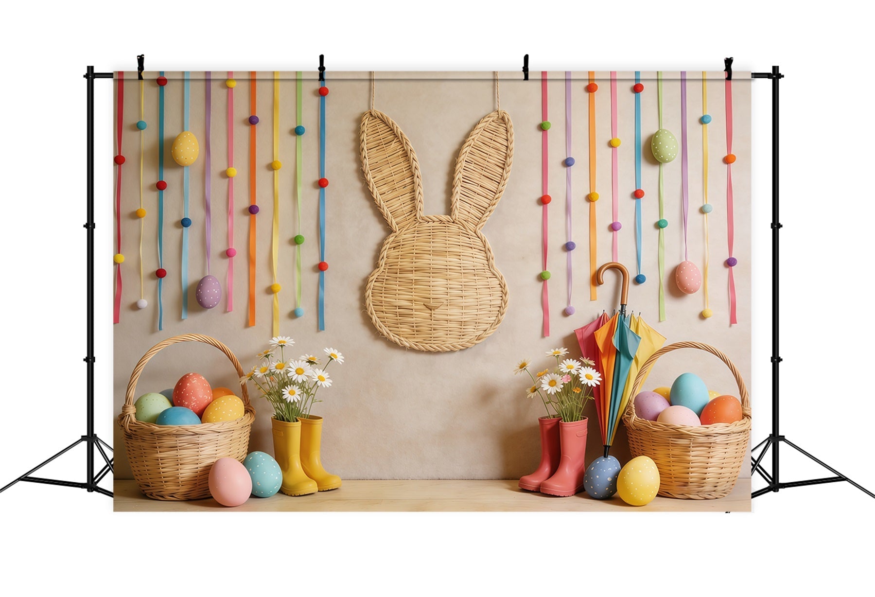 Osterkorb Hintergrund Weidenkorb Hase Ei Gänseblümchen Foto Hintergrund für Ostern CSH62-71