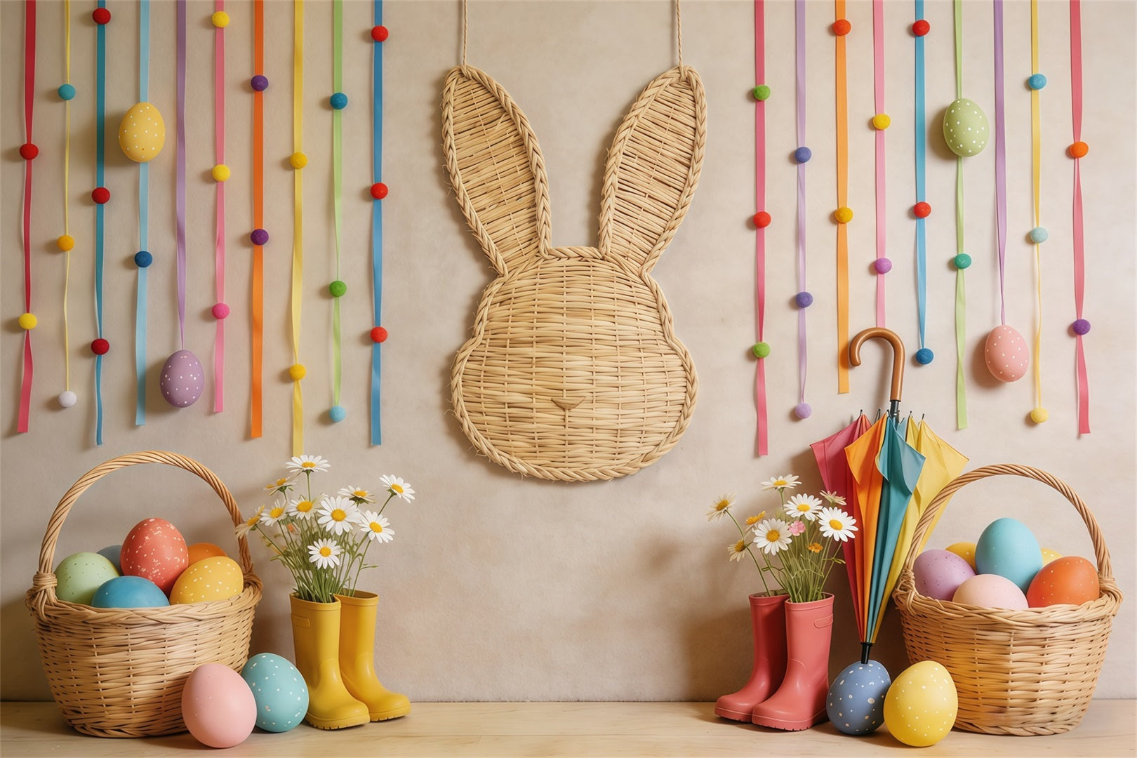 Osterkorb Hintergrund Weidenkorb Hase Ei Gänseblümchen Foto Hintergrund für Ostern CSH62-71