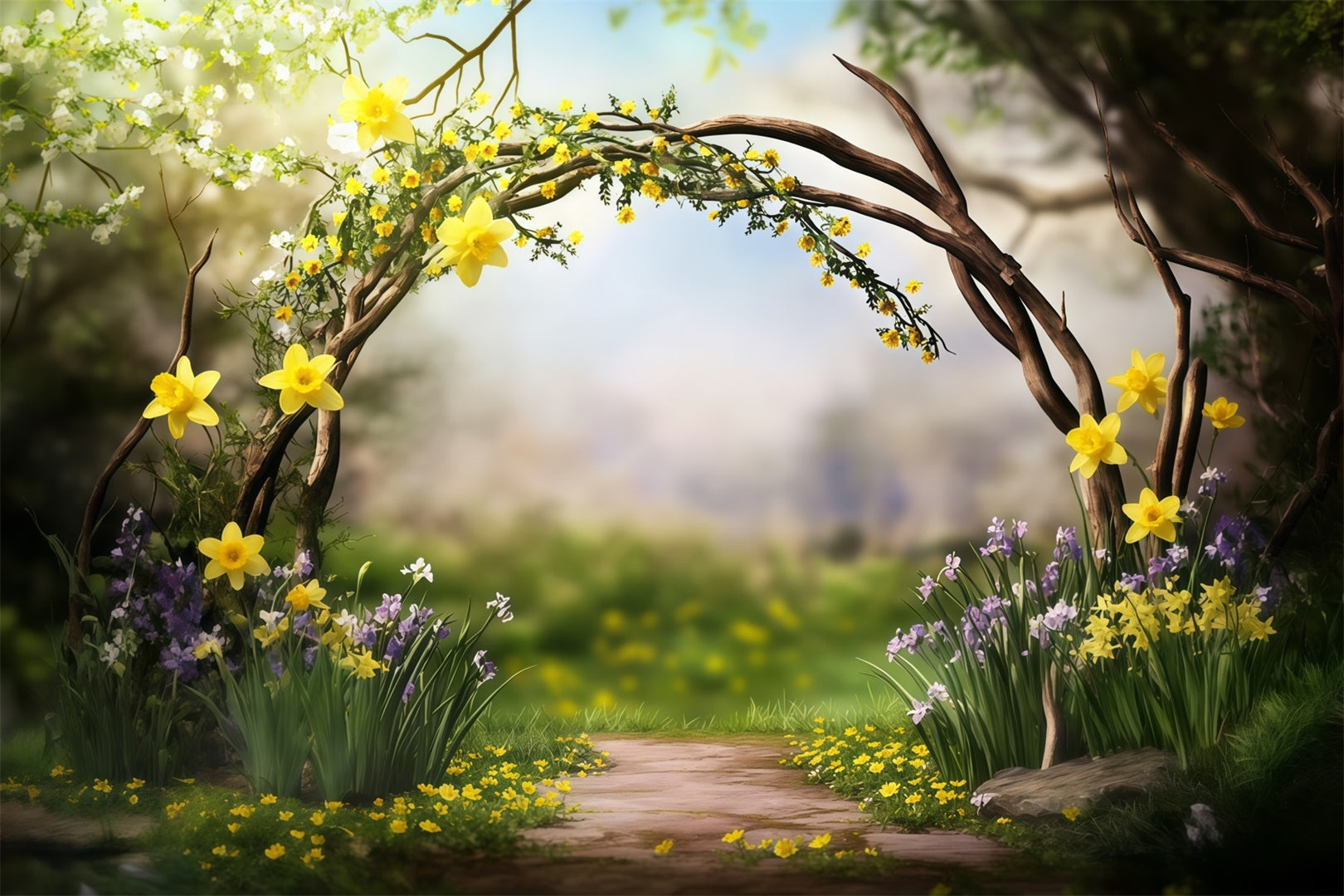 Oster-Narzsen-Hintergrund Zweigbogen Wildblumenblüten Hintergründe für Osteraufführungen CSH62-78