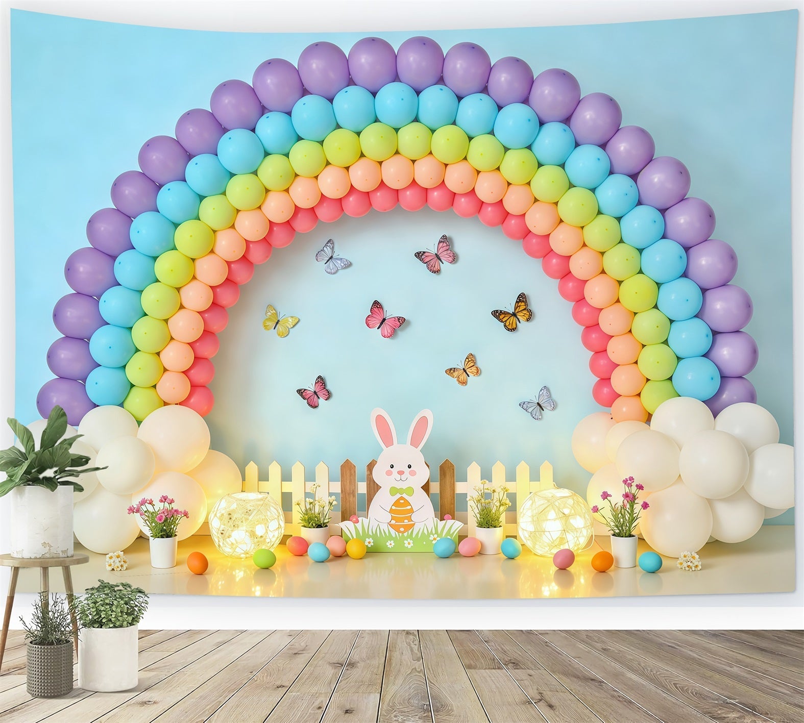 Oster-Schmetterlings-Hintergrund Ballon Regenbogen Hase Zaun Fotografie-Hintergründe für Ostern CSH62-80
