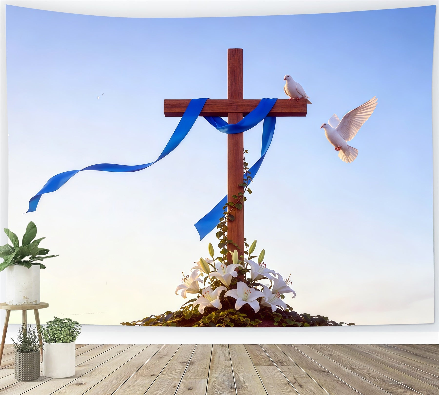 Osterkreuz-Hintergrund Lilien Tauben Blaues Band Einfacher Oster-Fotohintergrund CSH62-82